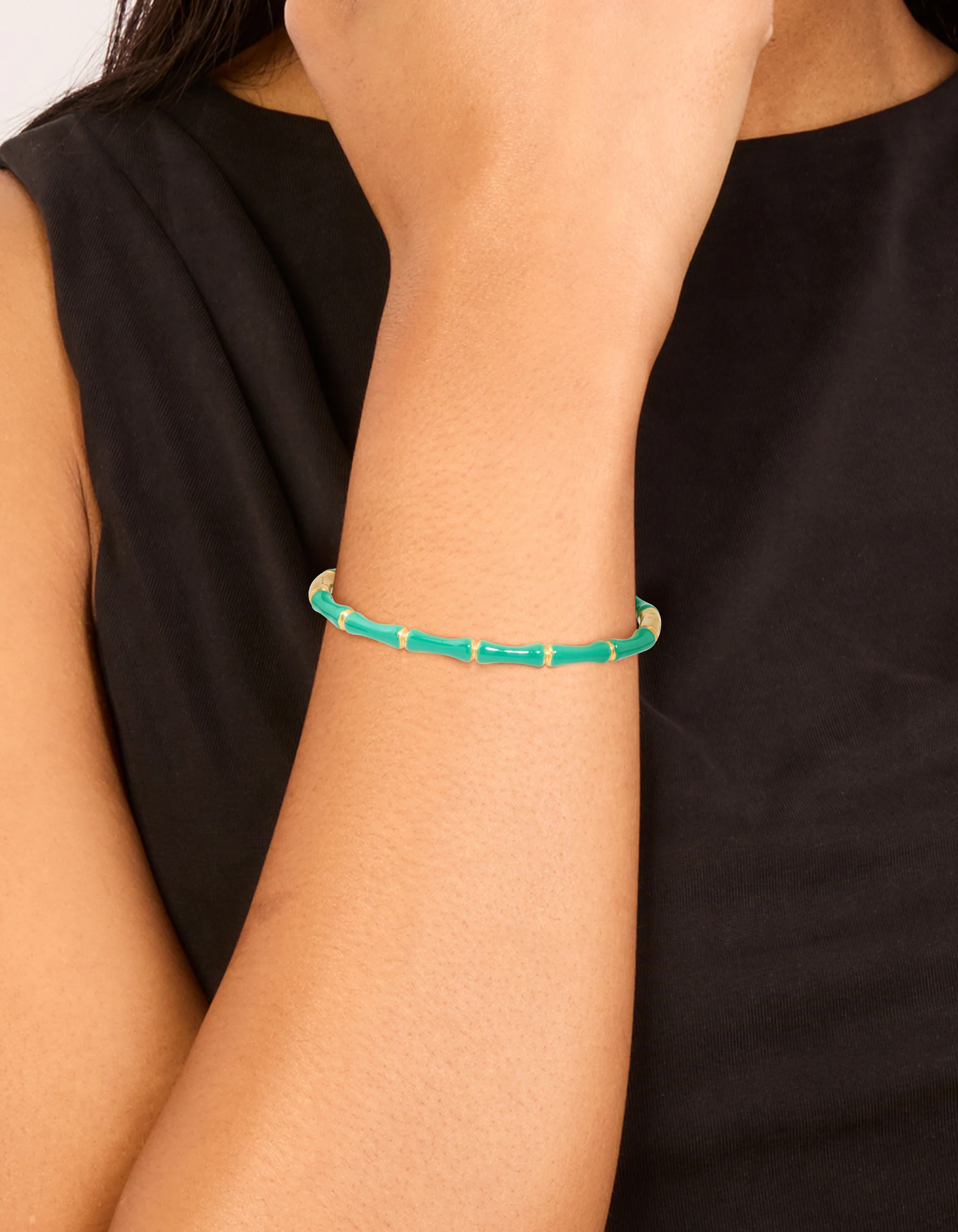 Waterproof Gold Plated Stainless Steel Green Enamel Bamboo Bangle - Image 6