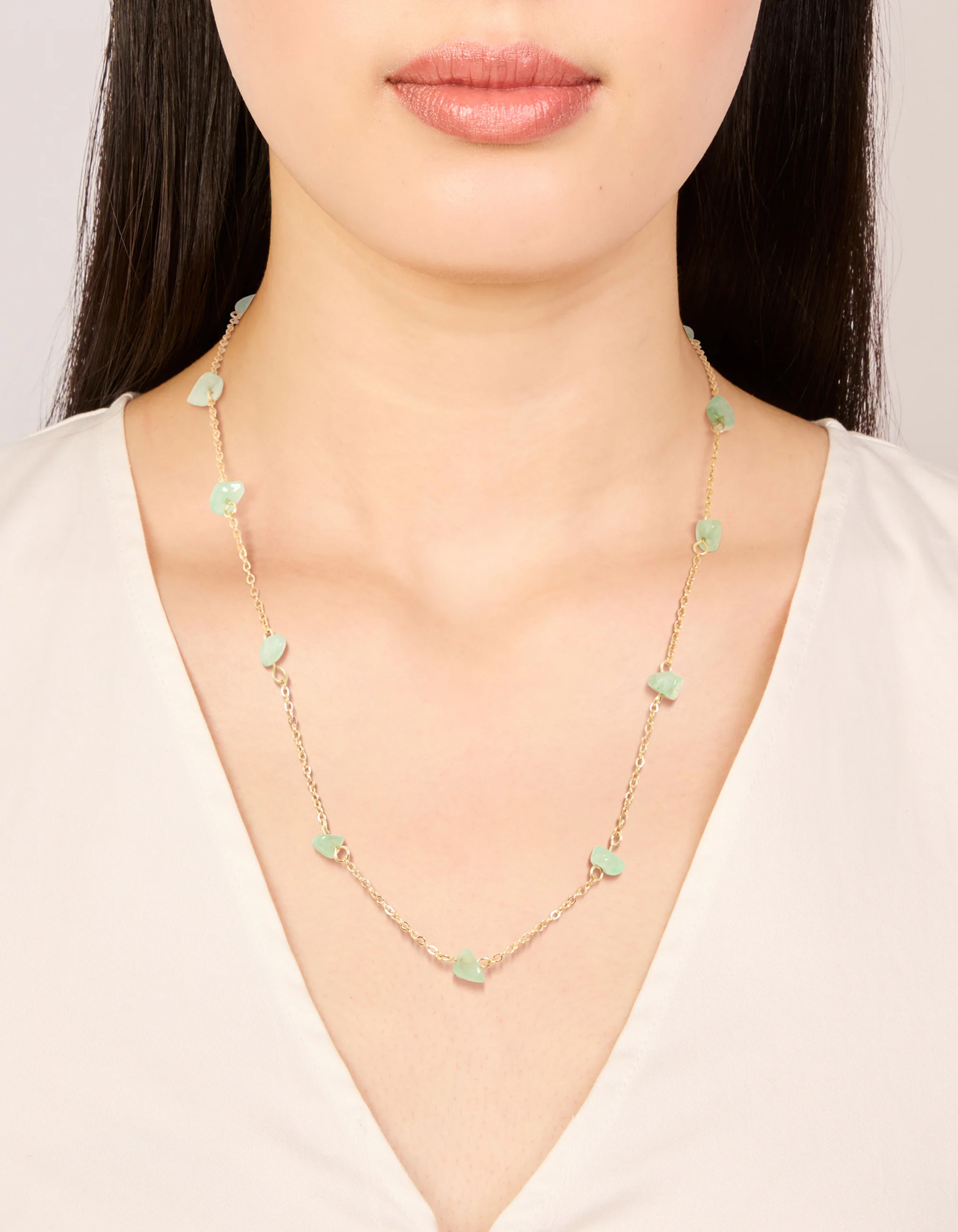 Waterproof Gold Plated Stainless Steel Green Semi Precious Stone Chip Necklace - Image 6