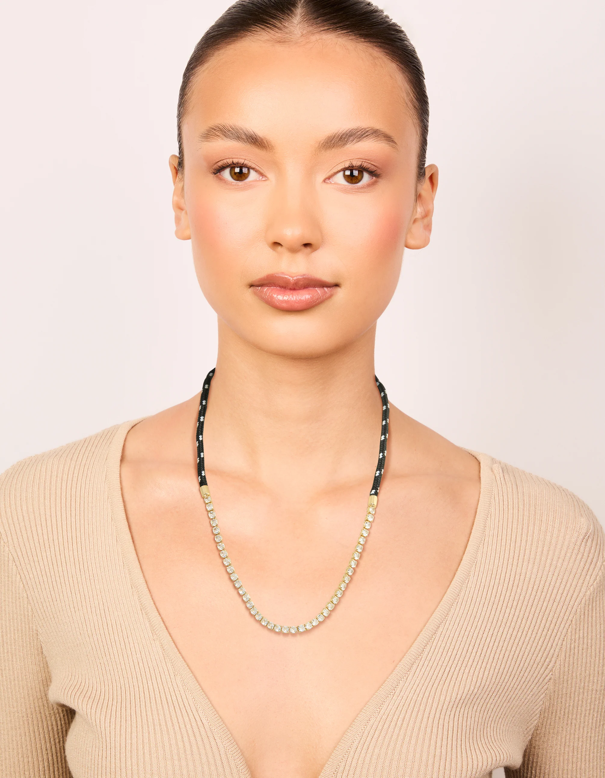 Waterproof Gold Plated Stainless Steel Half Tennis & Half Black Cord Necklace - Image 3