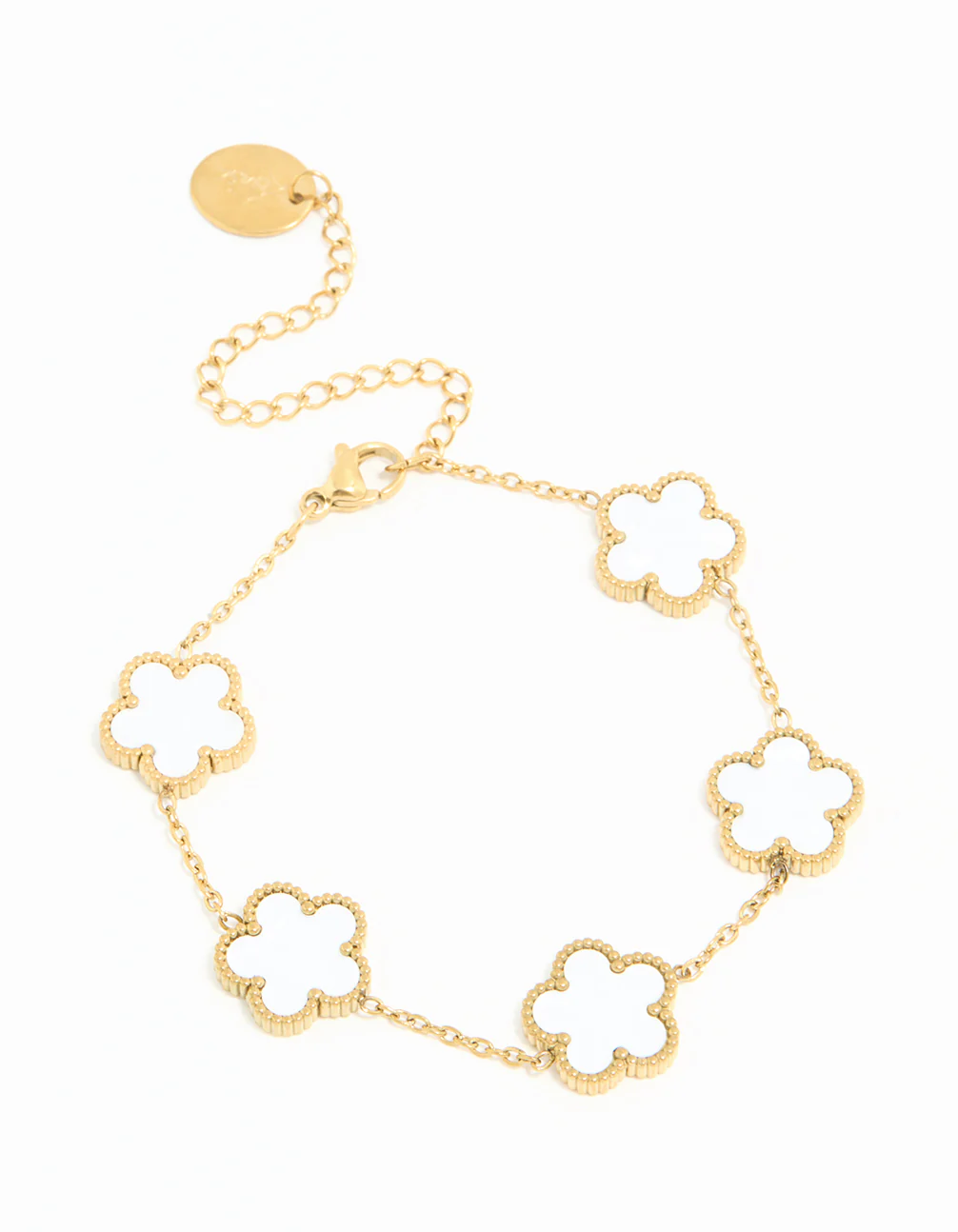 Waterproof Gold Plated Stainless Steel Ivory Inlay Large Flowers Charm Bracelet