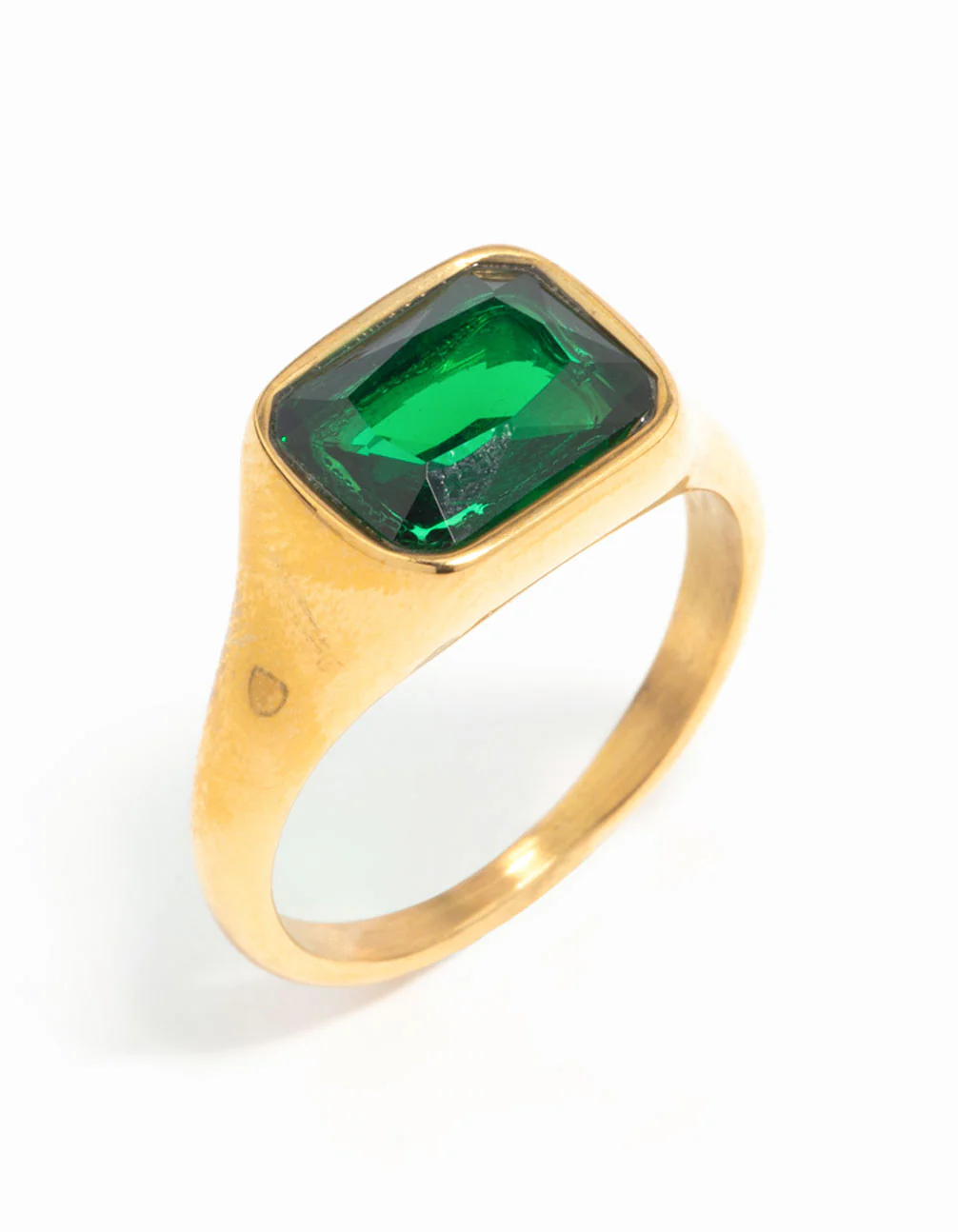 Waterproof Gold Plated Stainless Steel Green Cubic Zirconia Signet Ring - Image 2