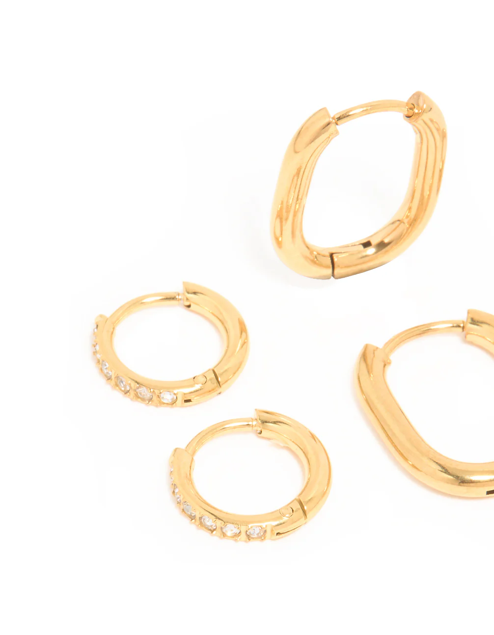 Waterproof Gold Plated Stainless Steel Oval & Cubic Zirconia Huggie Earrings 3-Pack - Image 2