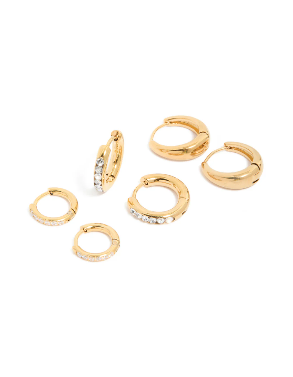 Waterproof Gold Plated Stainless Steel Pavé & Plain Huggies Earrings 3-Pack - Image 2