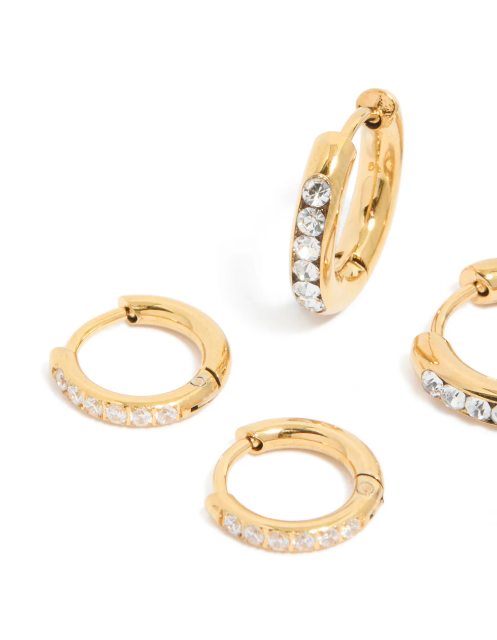 Waterproof Gold Plated Stainless Steel Pavé & Plain Huggies Earrings 3-Pack - Image 4