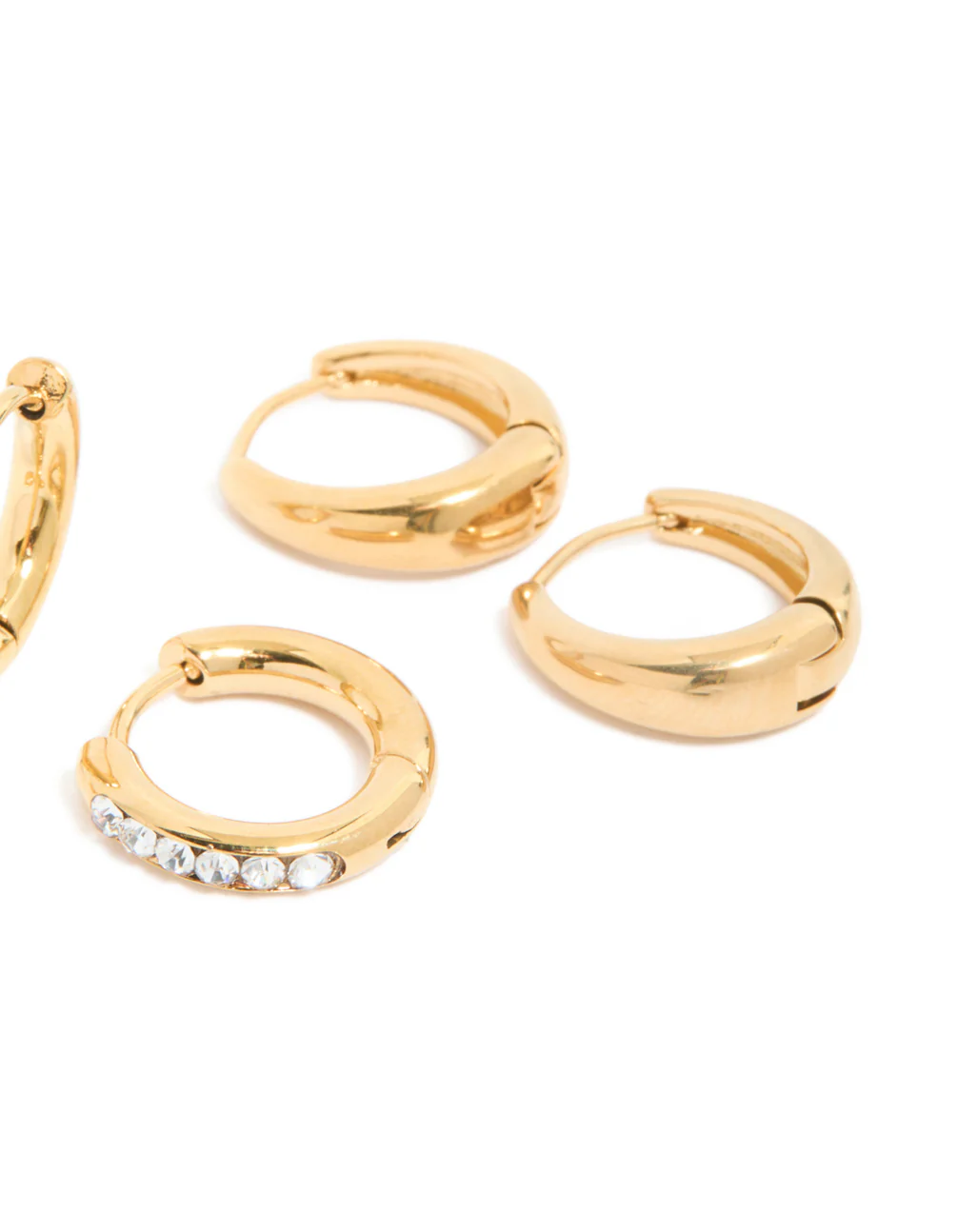 Waterproof Gold Plated Stainless Steel Pavé & Plain Huggies Earrings 3-Pack - Image 5