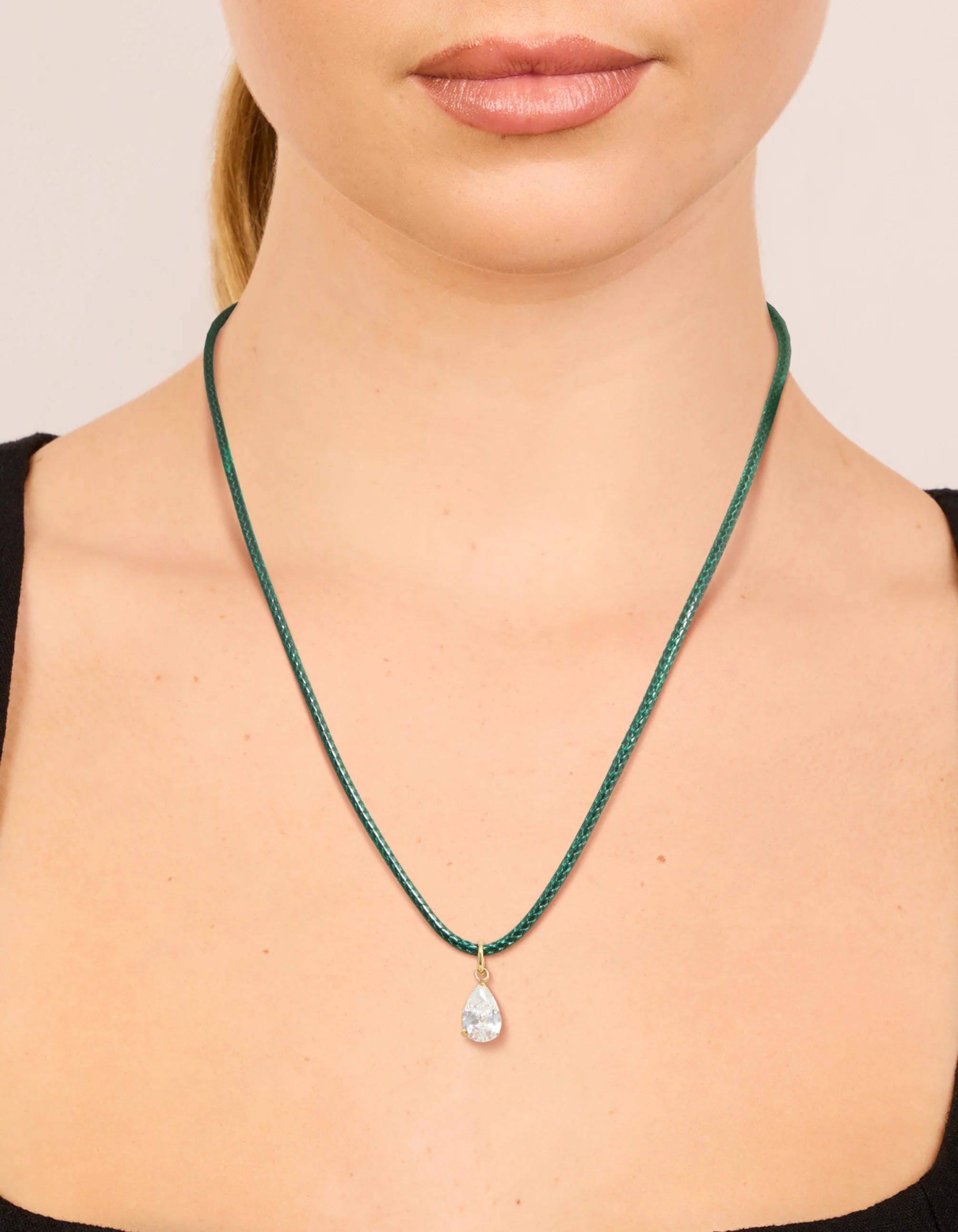 Waterproof Gold Plated Stainless Steel Pear Cubic Zirconia Drop Dark Green Cord Necklace - Image 2