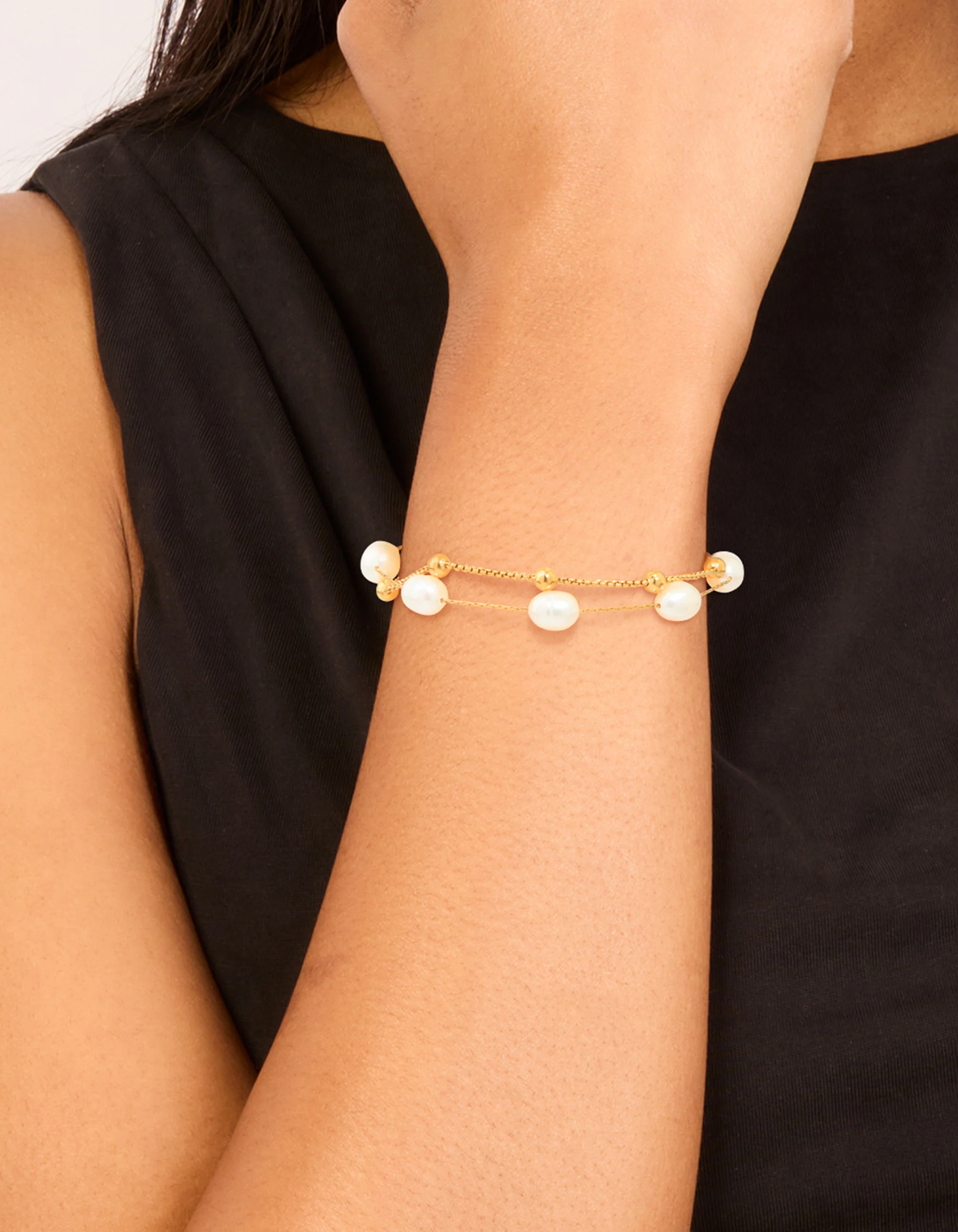 Waterproof Gold Plated Stainless Steel Pearl & Beaded Balls Layered Bracelet - Image 2