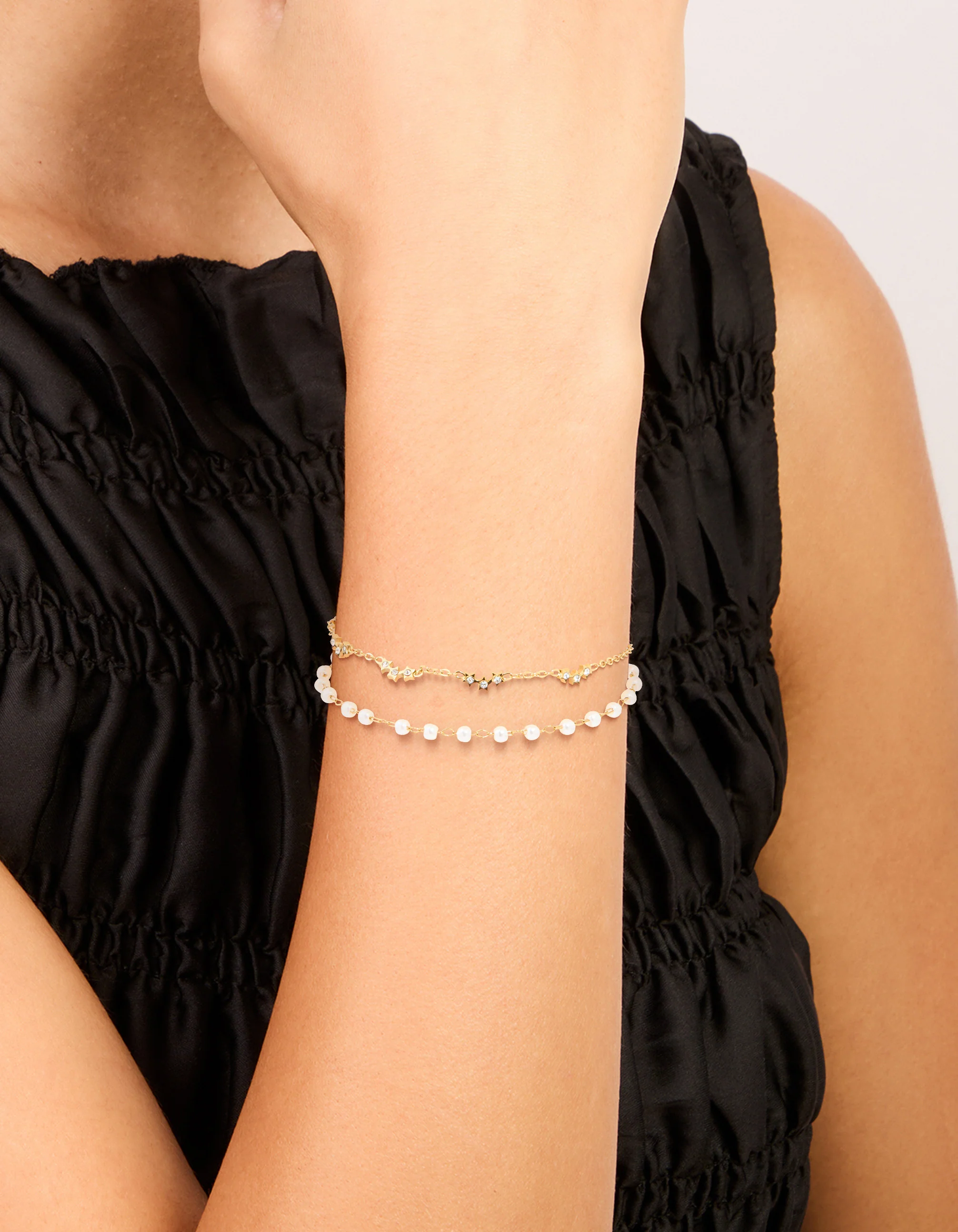 Waterproof Gold Plated Stainless Steel Pearl & Cubic Zirconia Bracelet - Image 2