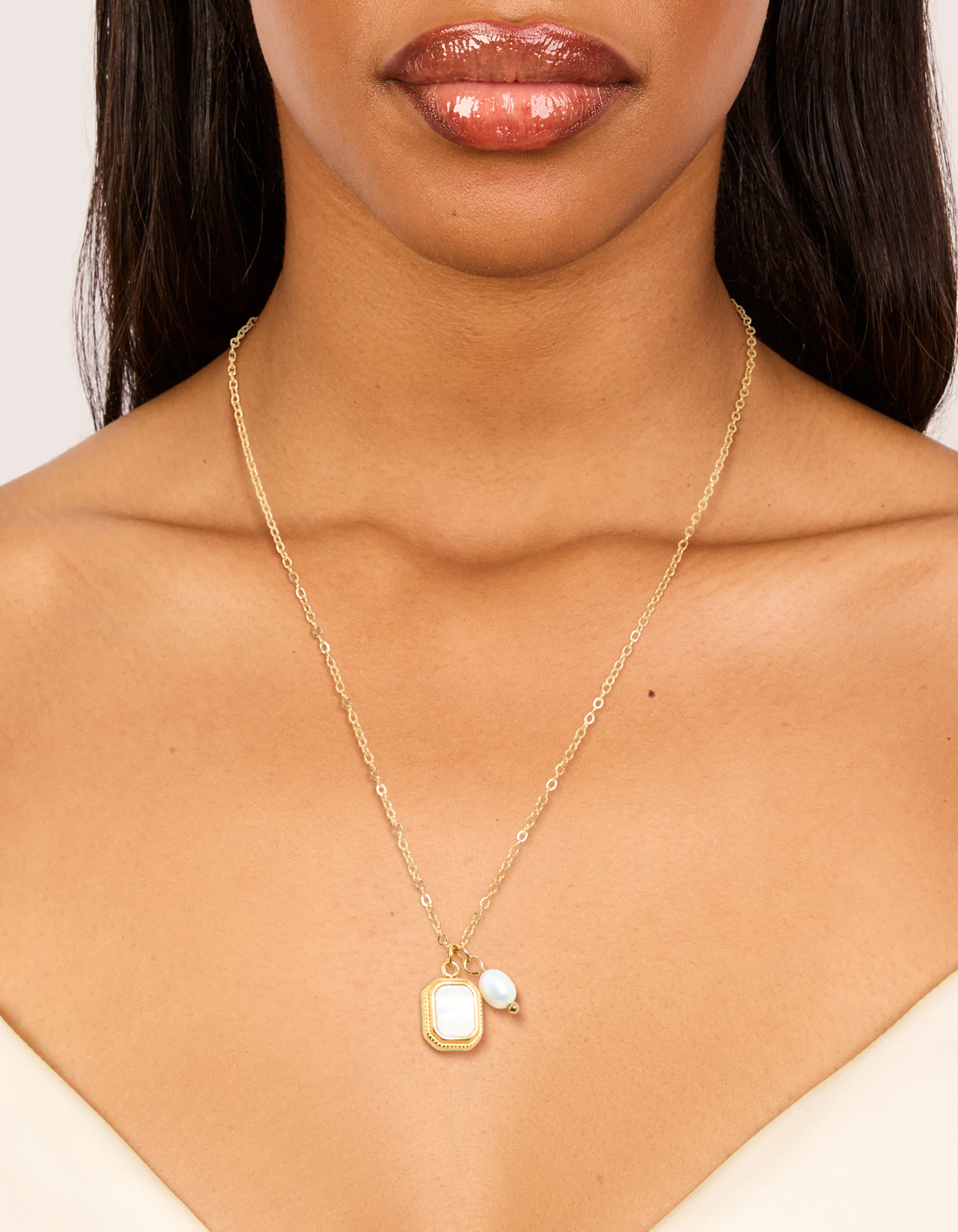 Waterproof Gold Plated Stainless Steel Pearl & Square Pendant Necklace Set - Image 6