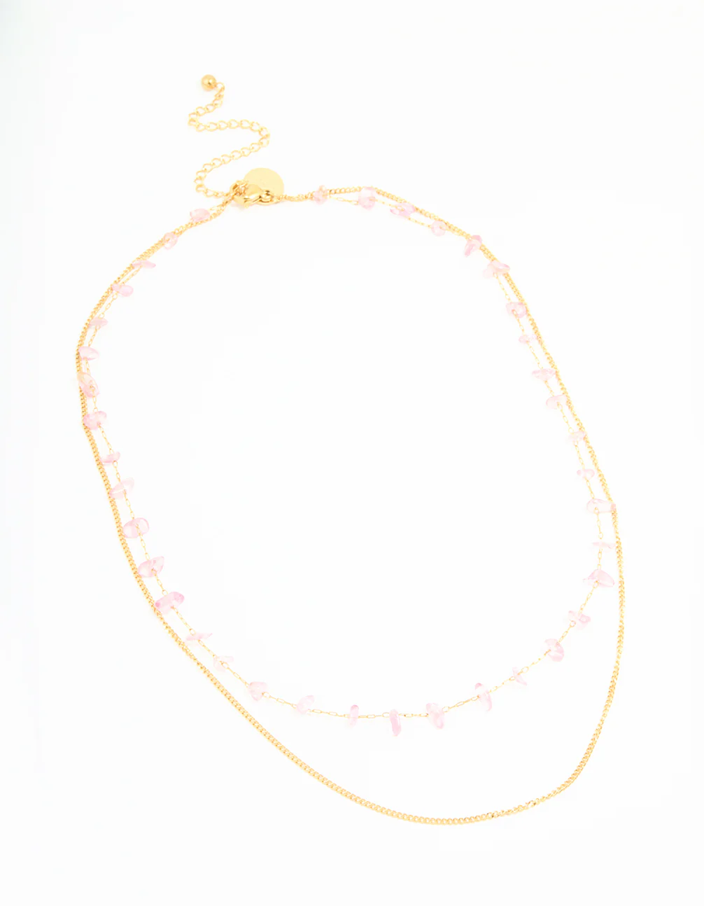 Waterproof Gold Plated Stainless Steel Pink Semiprecious Stone & Chain Layered Necklace - Image 2