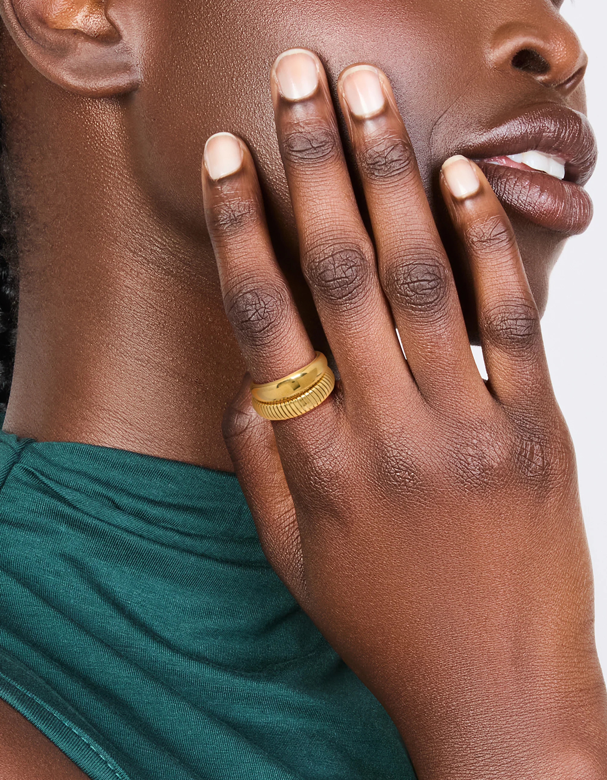 Waterproof Gold Plated Stainless Steel Plain & Ribbed Rings 2-Pack - Image 2