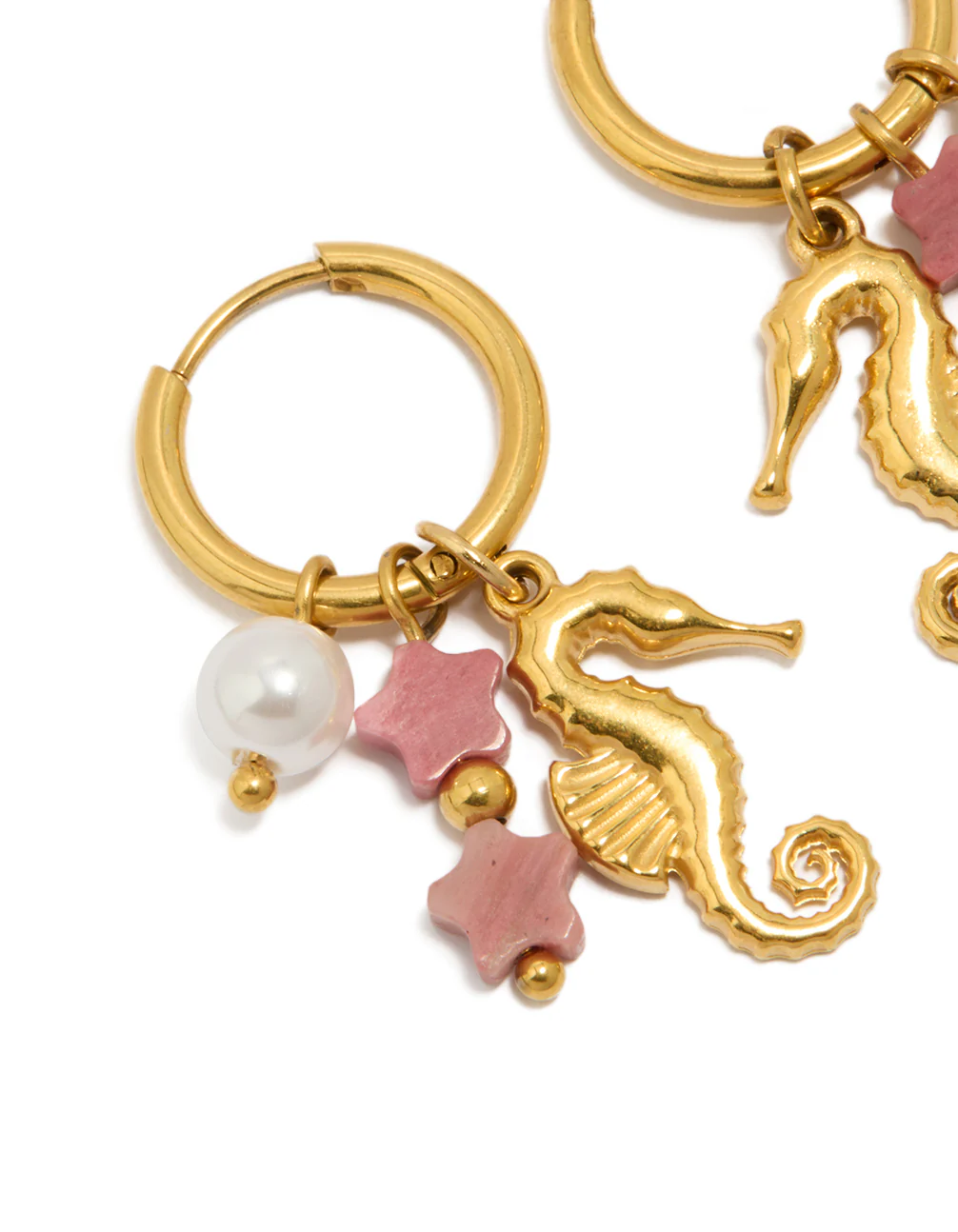 Waterproof Gold Plated Stainless Steel Seahorse Pearl Charm Huggie Earrings - Image 2
