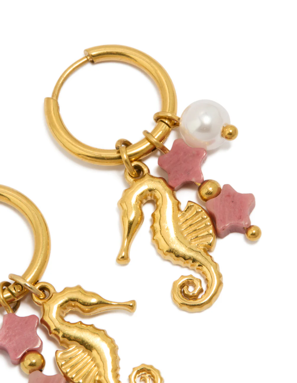 Waterproof Gold Plated Stainless Steel Seahorse Pearl Charm Huggie Earrings - Image 3