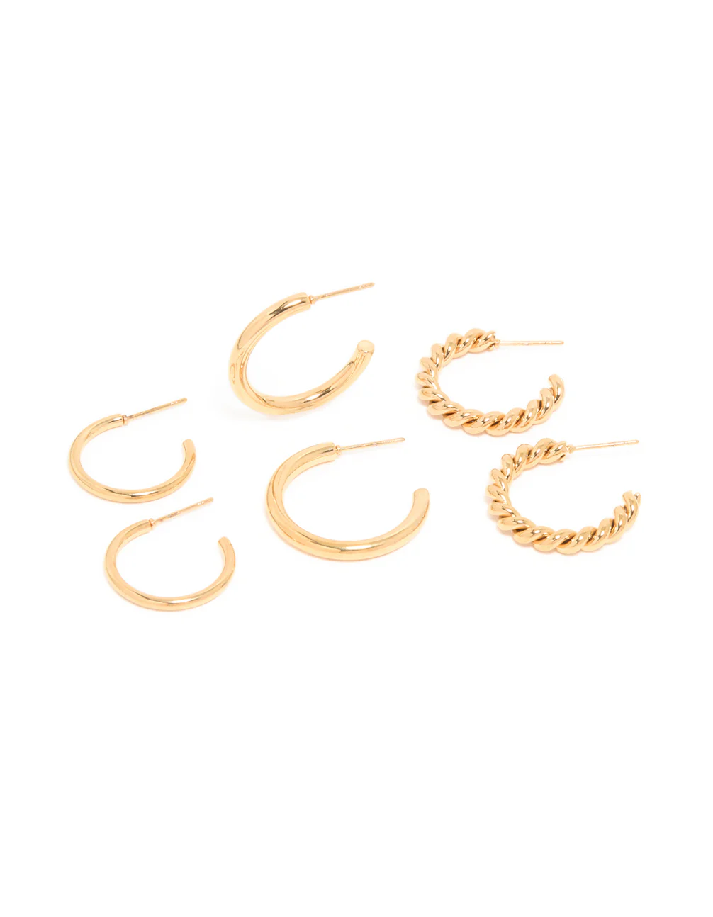 Waterproof Gold Plated Stainless Steel Smooth & Twisted Hoop Earrings 3-Pack