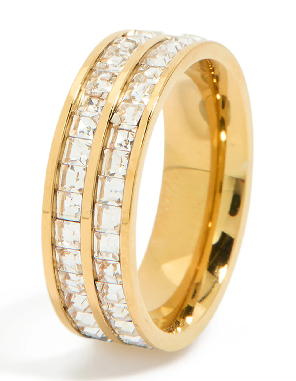 Waterproof Gold Plated Stainless Steel Square Cubic Zirconia Double Layered Ring - Image 4