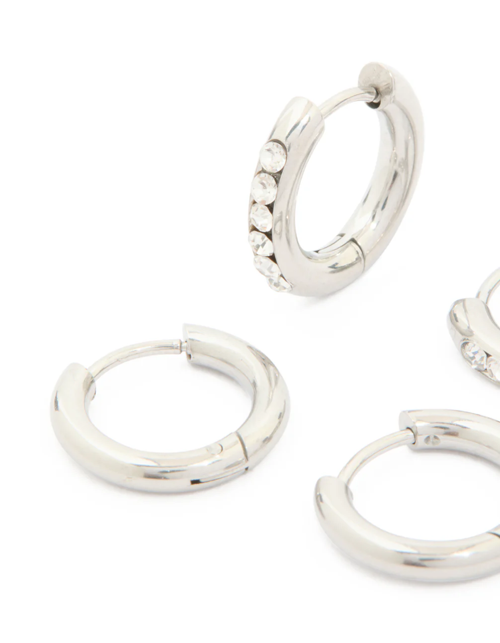 Waterproof Stainless Steel Cubic Zirconia & Smooth Chunky Huggie Earrings 2-Pack - Image 4