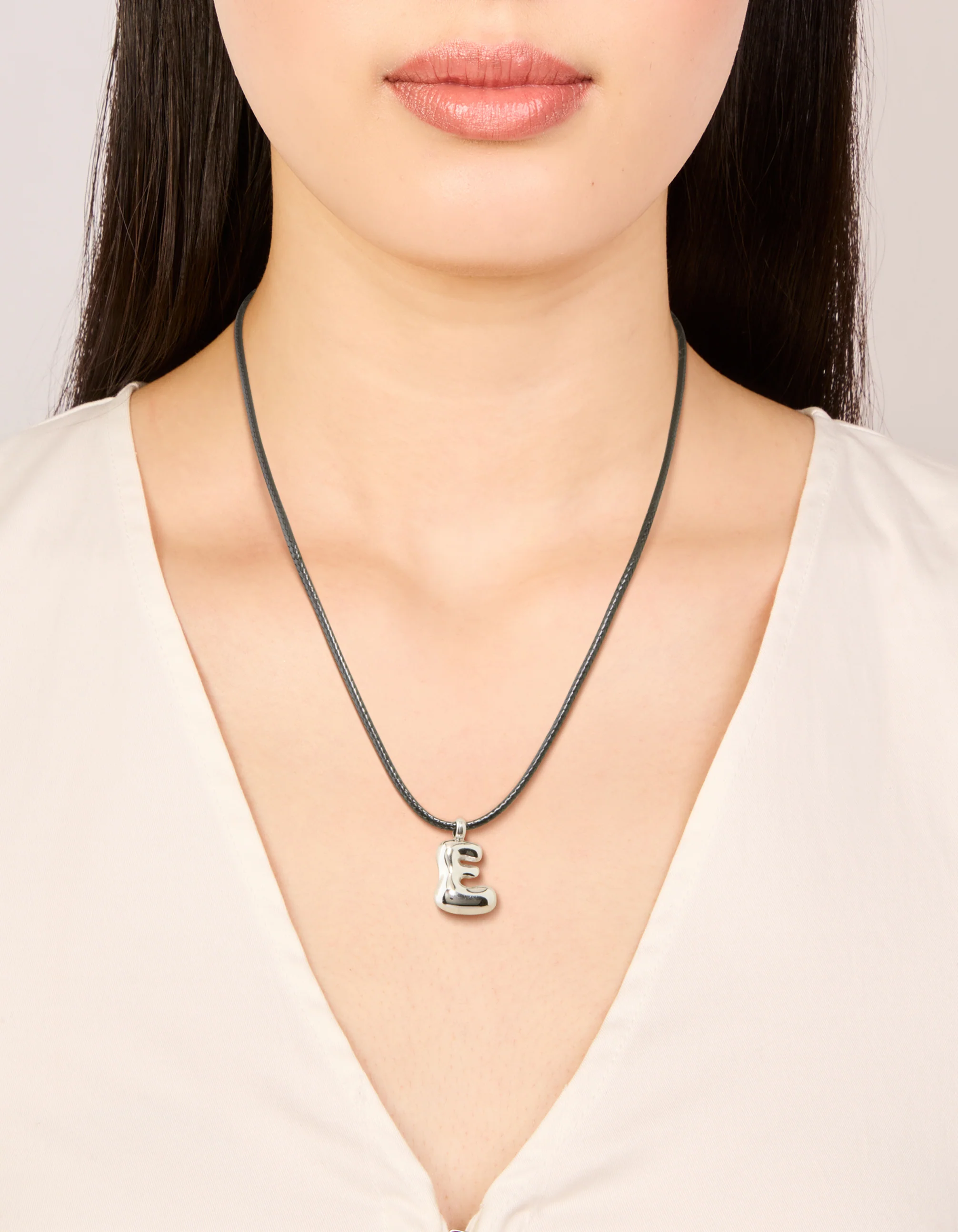 Waterproof Stainless Steel Large Bubble Letter E Cord Necklace - Image 2
