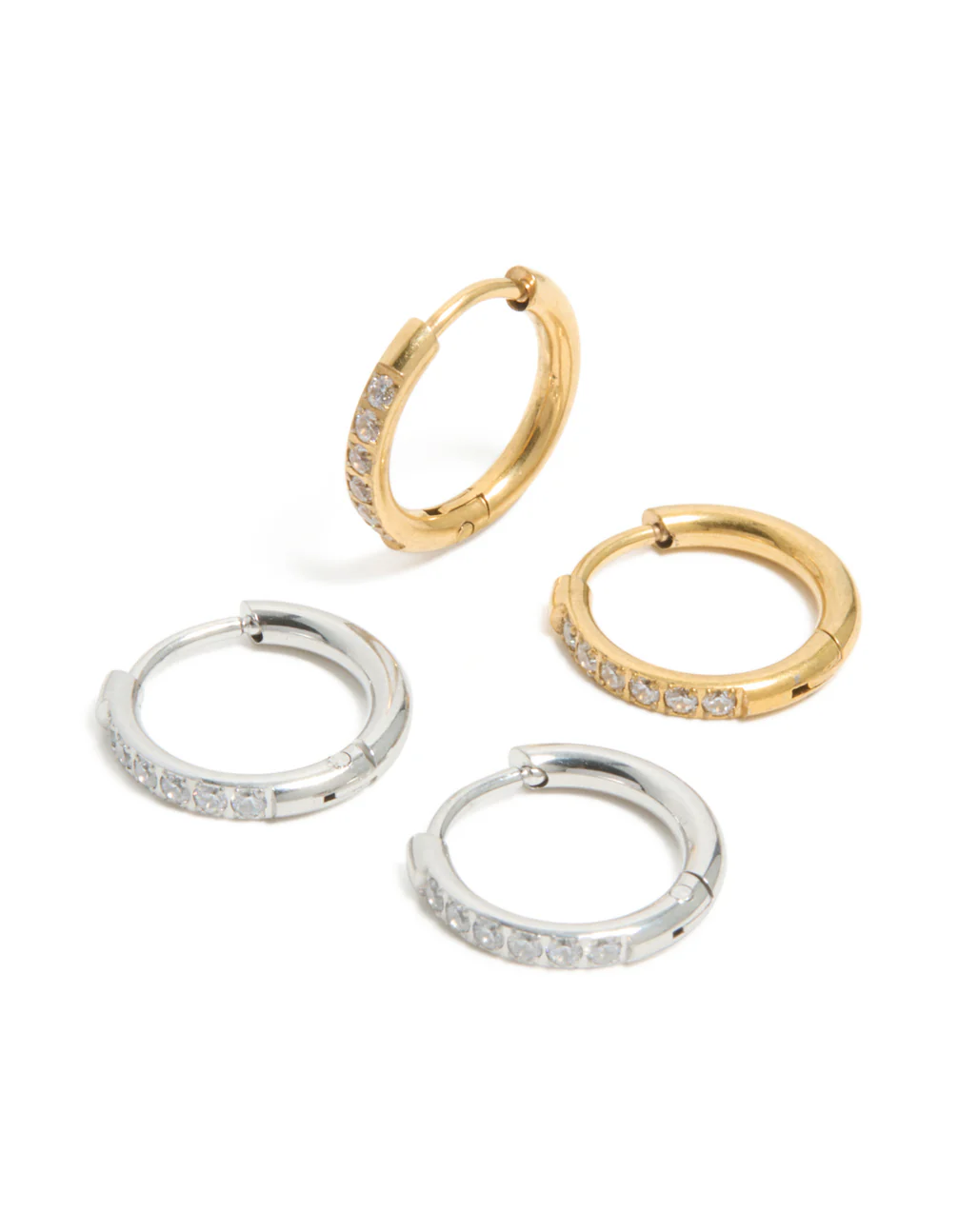 Waterproof Stainless Steel Mixed Metal Thin Pavé Huggie Earrings 2-Pack - Image 2