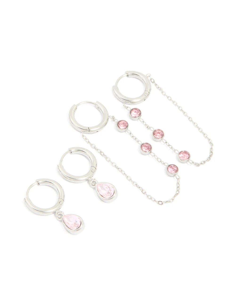 Waterproof Stainless Steel Pink Cubic Zirconia Chain Droplet & Classic Huggie Earrings 2-Pack - Image 2