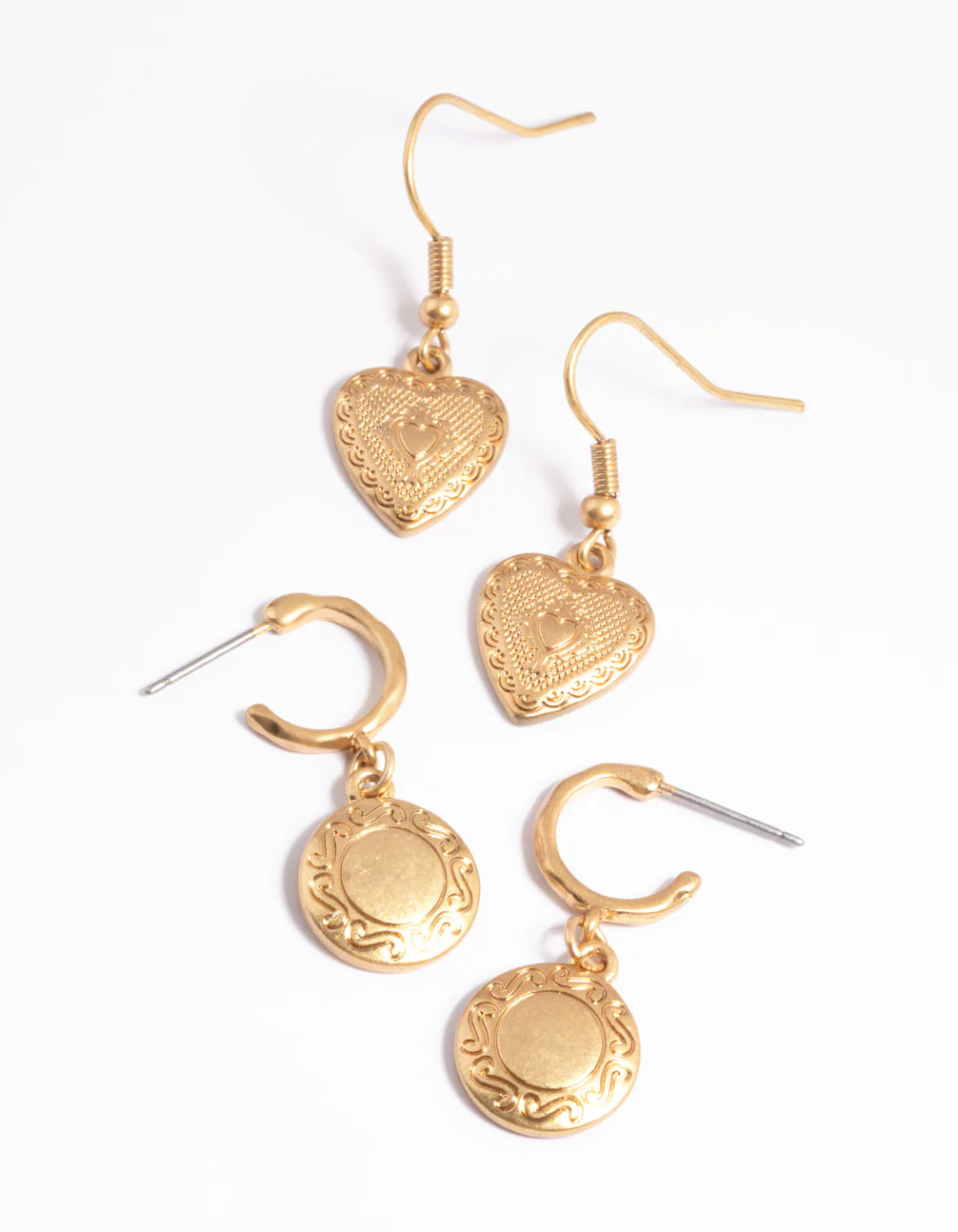 Worn Gold Antique Heart & Disc Earrings Pack