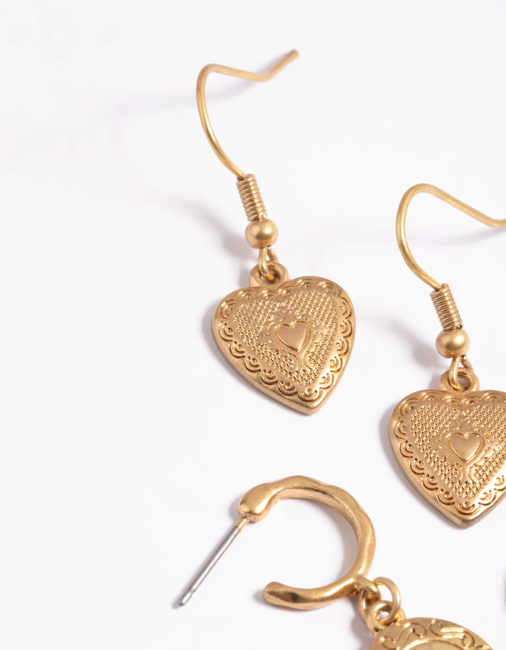Worn Gold Antique Heart & Disc Earrings Pack - Image 4