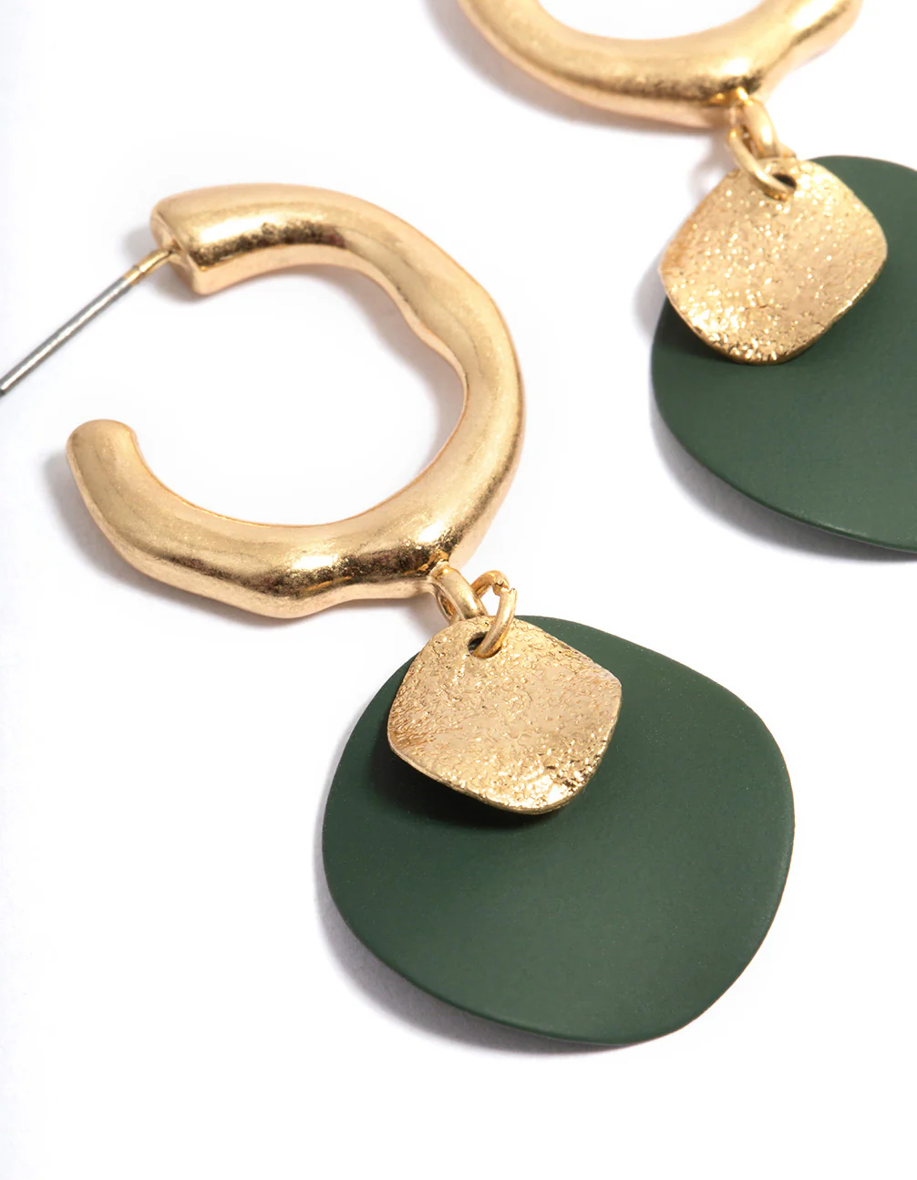 Worn Gold Double Disc Charm Hoop Earrings - Image 2