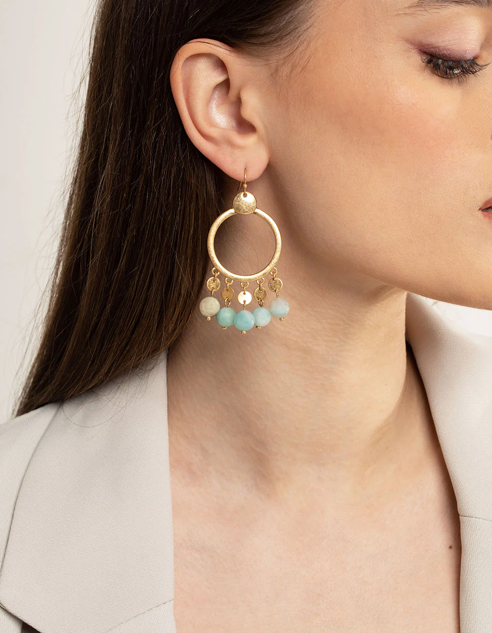Worn Gold Disc Semi-Precious Ball Large Earrings - Image 2