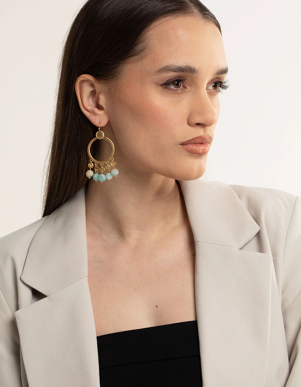 Worn Gold Disc Semi-Precious Ball Large Earrings - Image 3