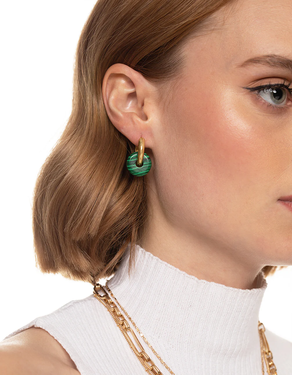 Worn Gold Green Disc Huggie Earrings - Image 2