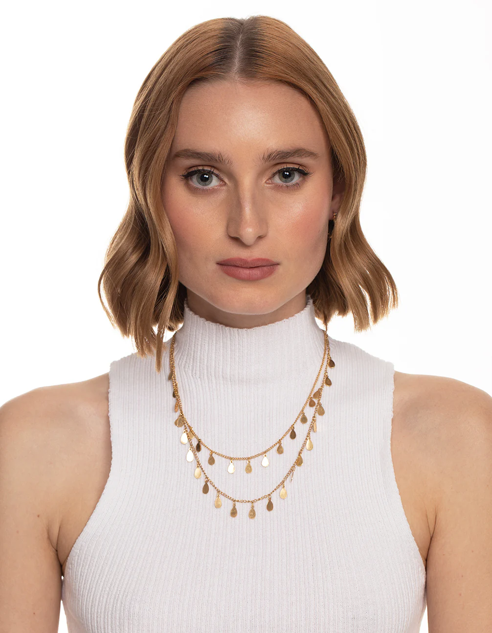 Worn Gold Multi Disc Drop 2 Layer Necklace - Image 3