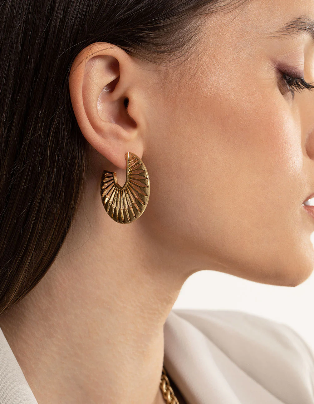 Worn Gold Open Fan Hoop Earrings - Image 3
