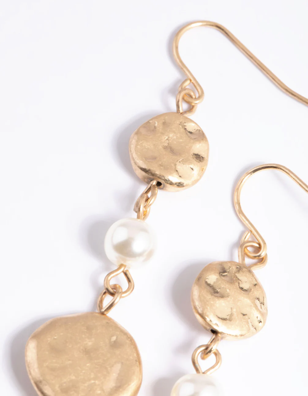 Worn Gold Pearl & Textured Disc Drop Earrings - Image 3