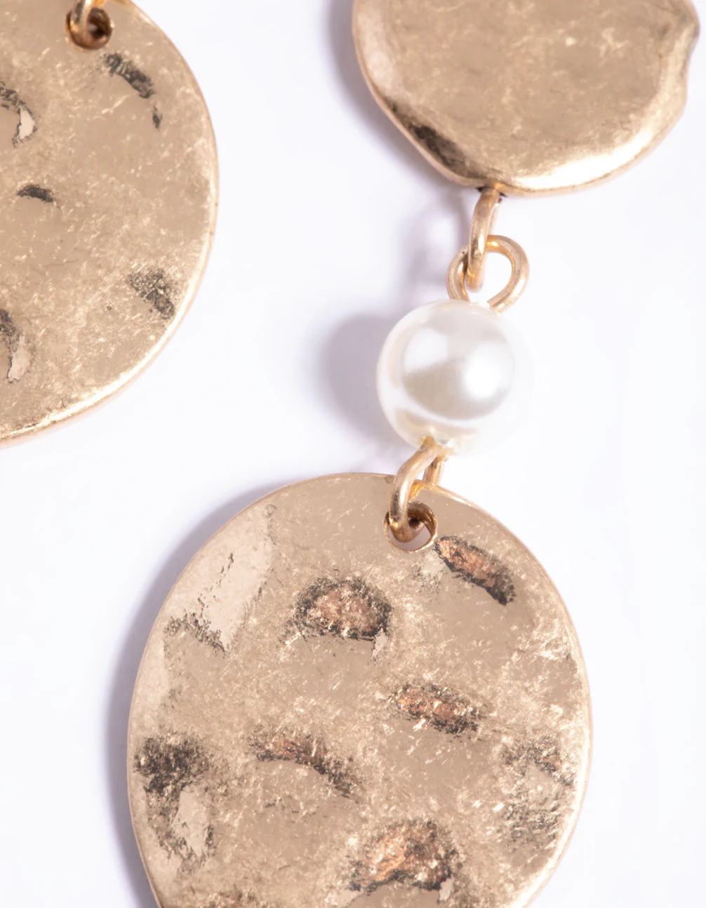 Worn Gold Pearl & Textured Disc Drop Earrings - Image 4