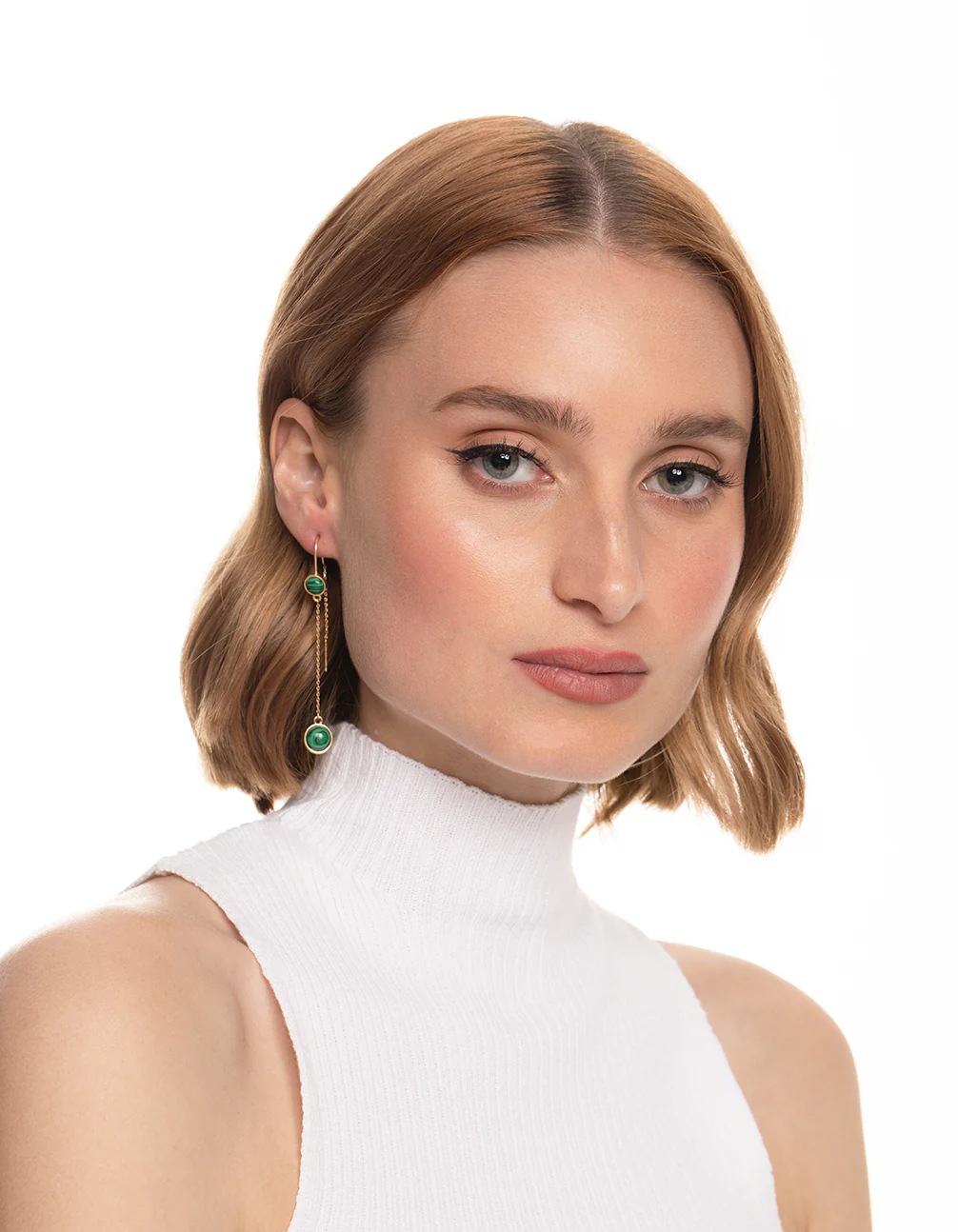 Worn Gold Round Green Stone Threader Earrings - Image 2