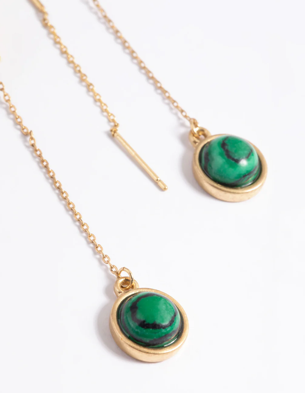 Worn Gold Round Green Stone Threader Earrings - Image 3