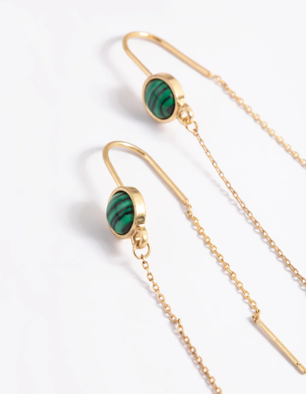 Worn Gold Round Green Stone Threader Earrings - Image 4