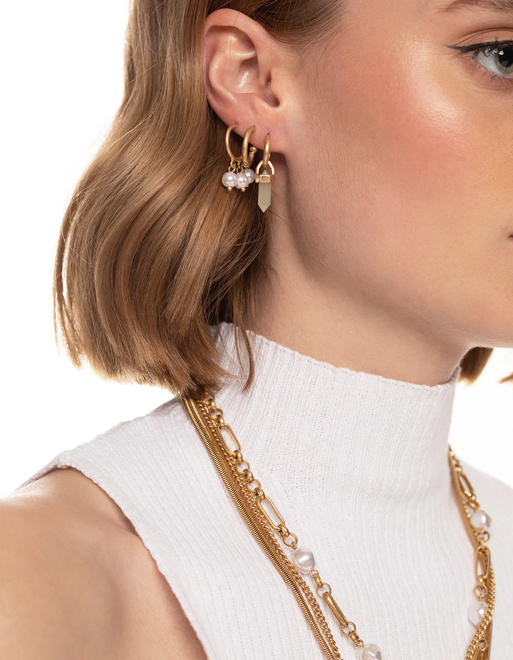 Worn Gold Shard & Pearl Pack Hoop Earrings - Image 2