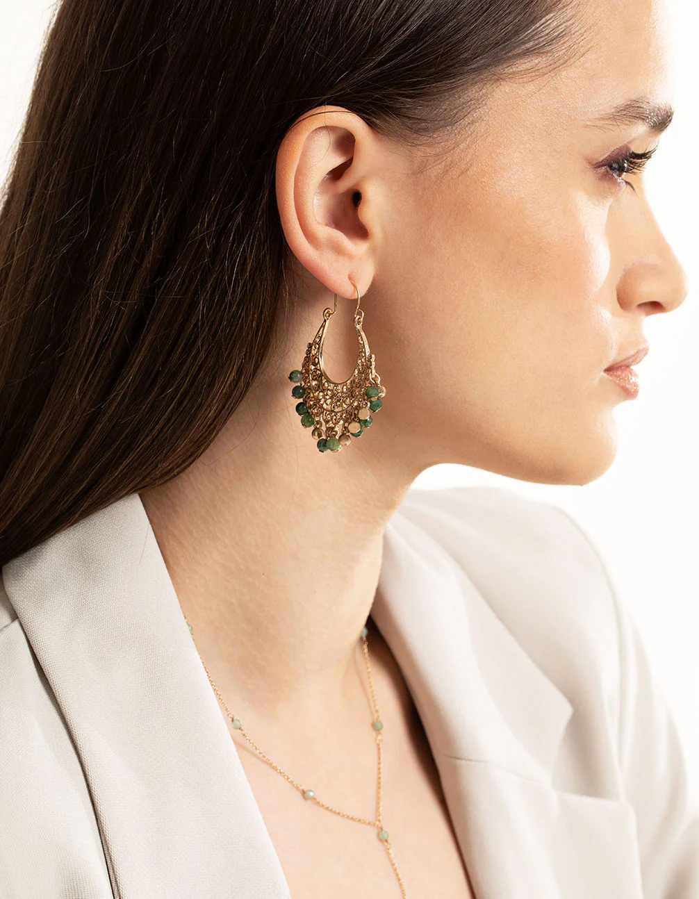 Worn Gold Green Beaded Chandbali Earrings - Image 2