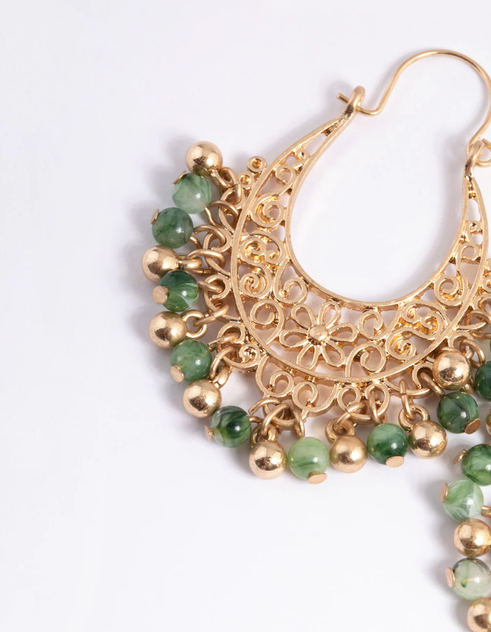 Worn Gold Green Beaded Chandbali Earrings - Image 3