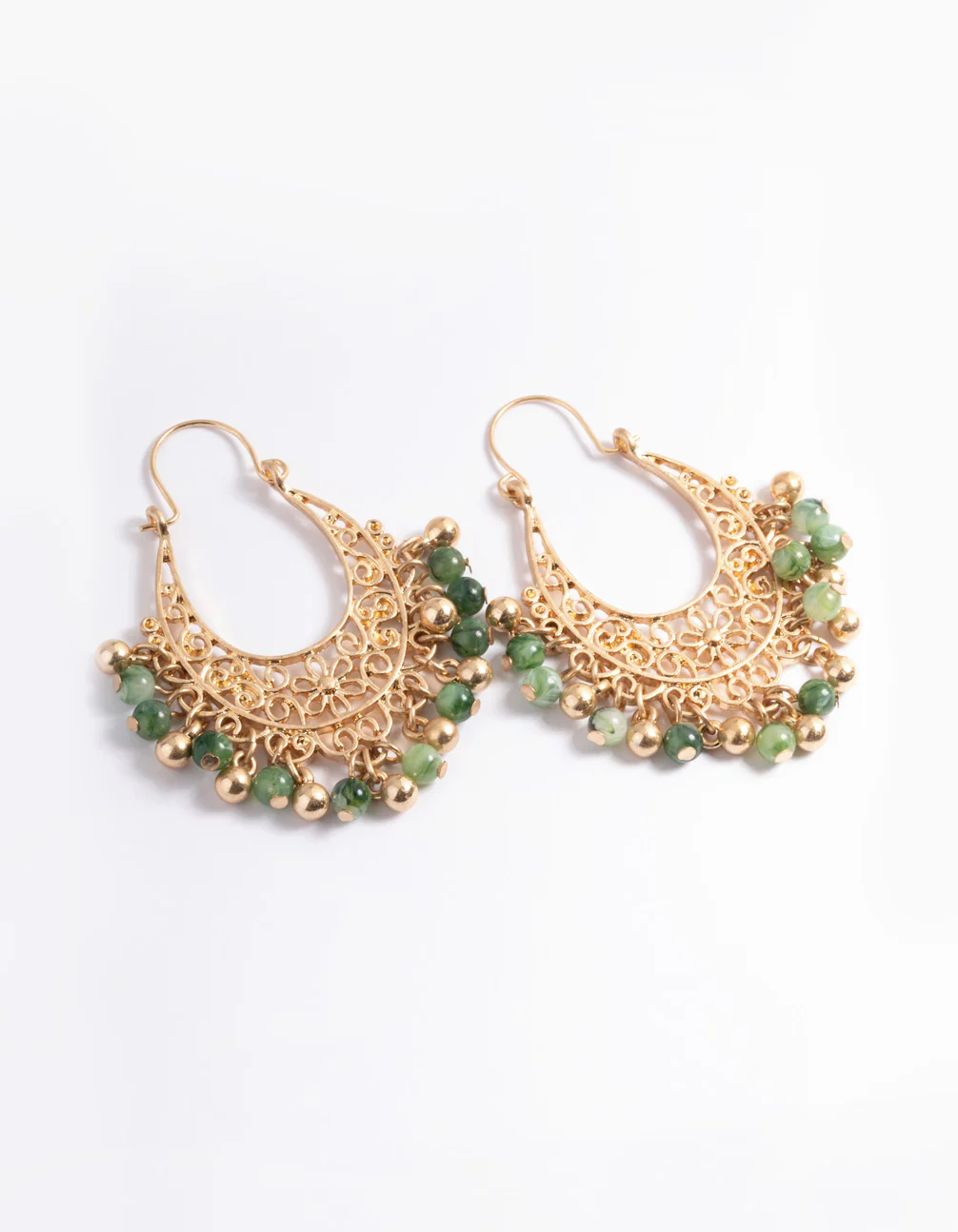 Worn Gold Green Beaded Chandbali Earrings - Image 4