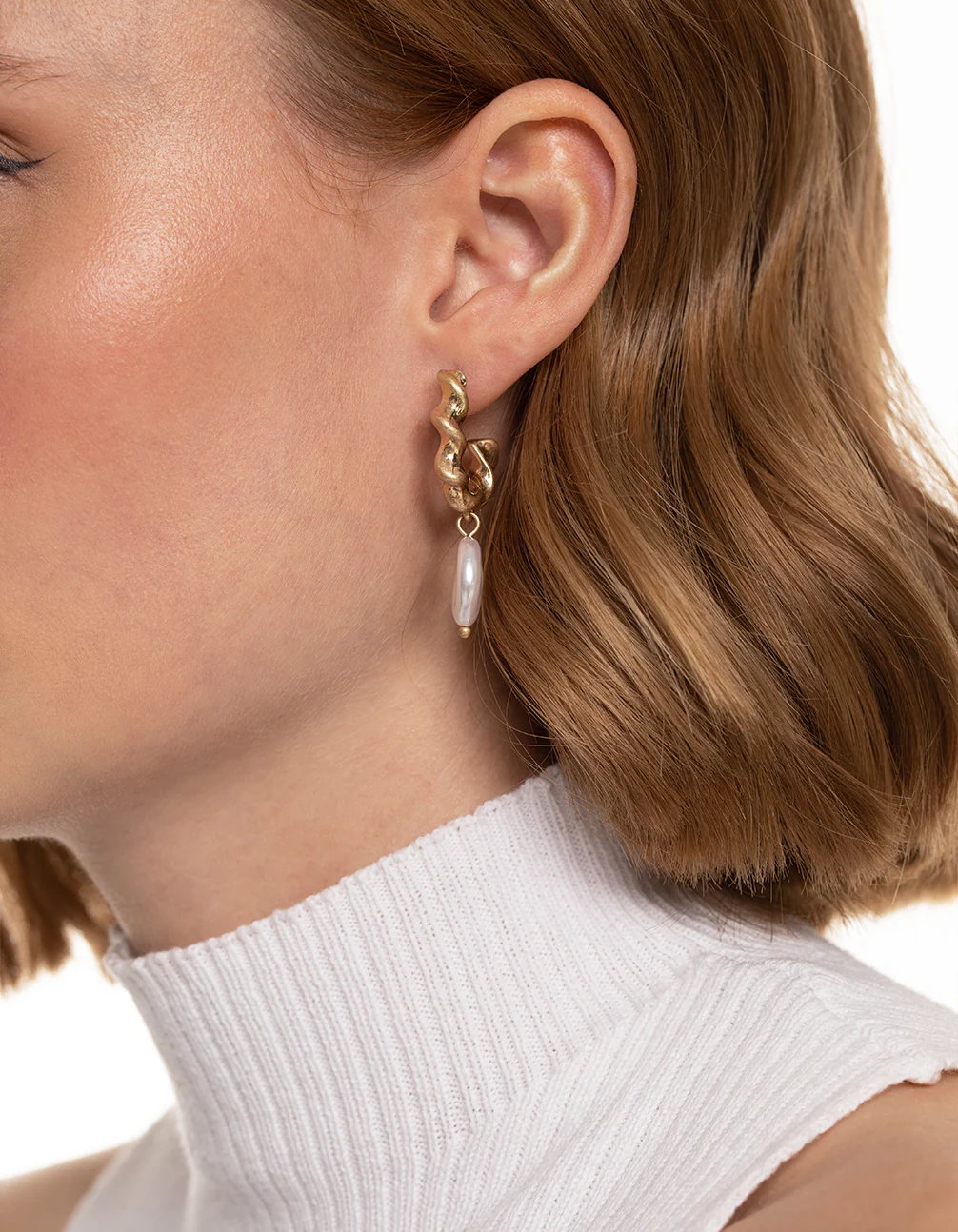Worn Gold Twist Hoop Pearl Drop Earrings - Image 2
