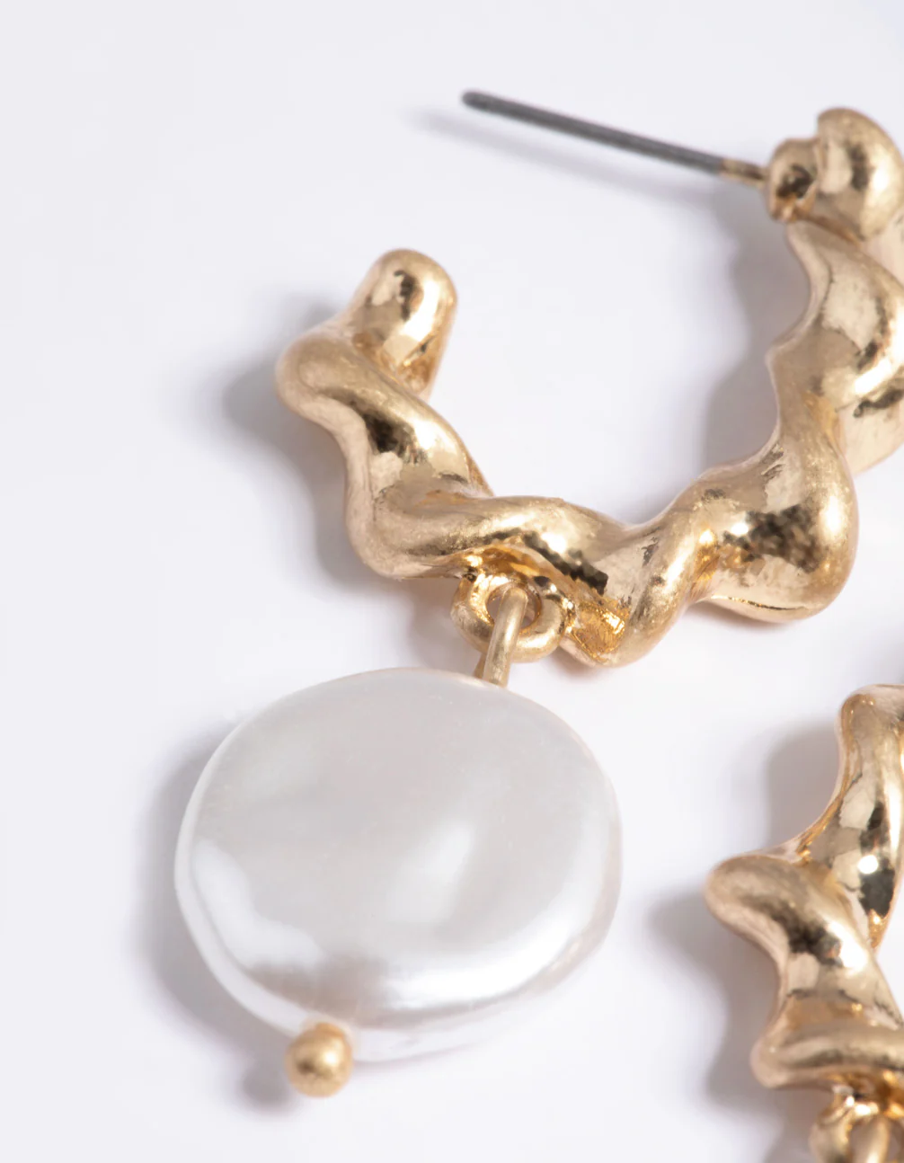 Worn Gold Twist Hoop Pearl Drop Earrings - Image 4