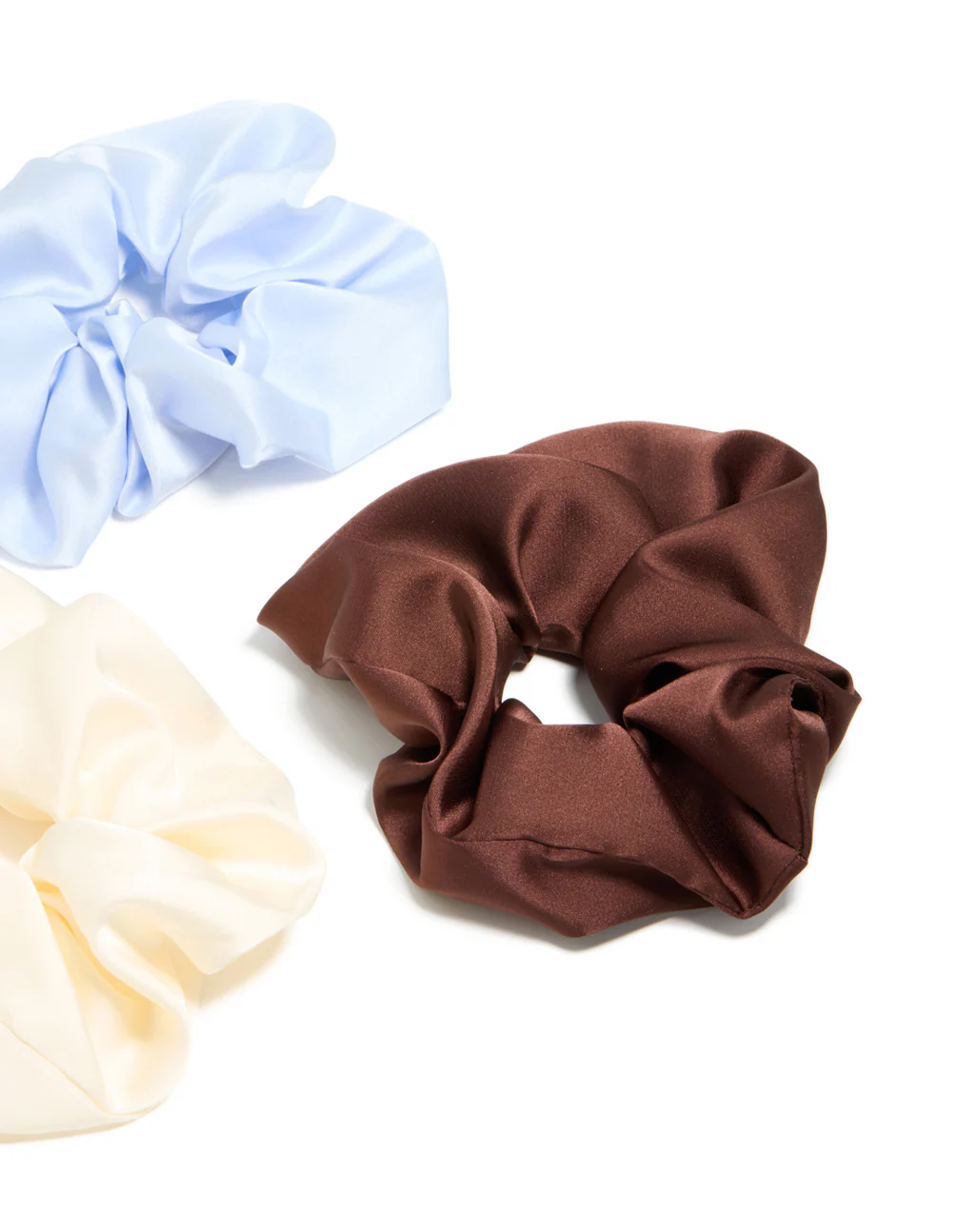 White, Blue & Brown Satin Fabric Scrunchie 3-Pack - Image 3