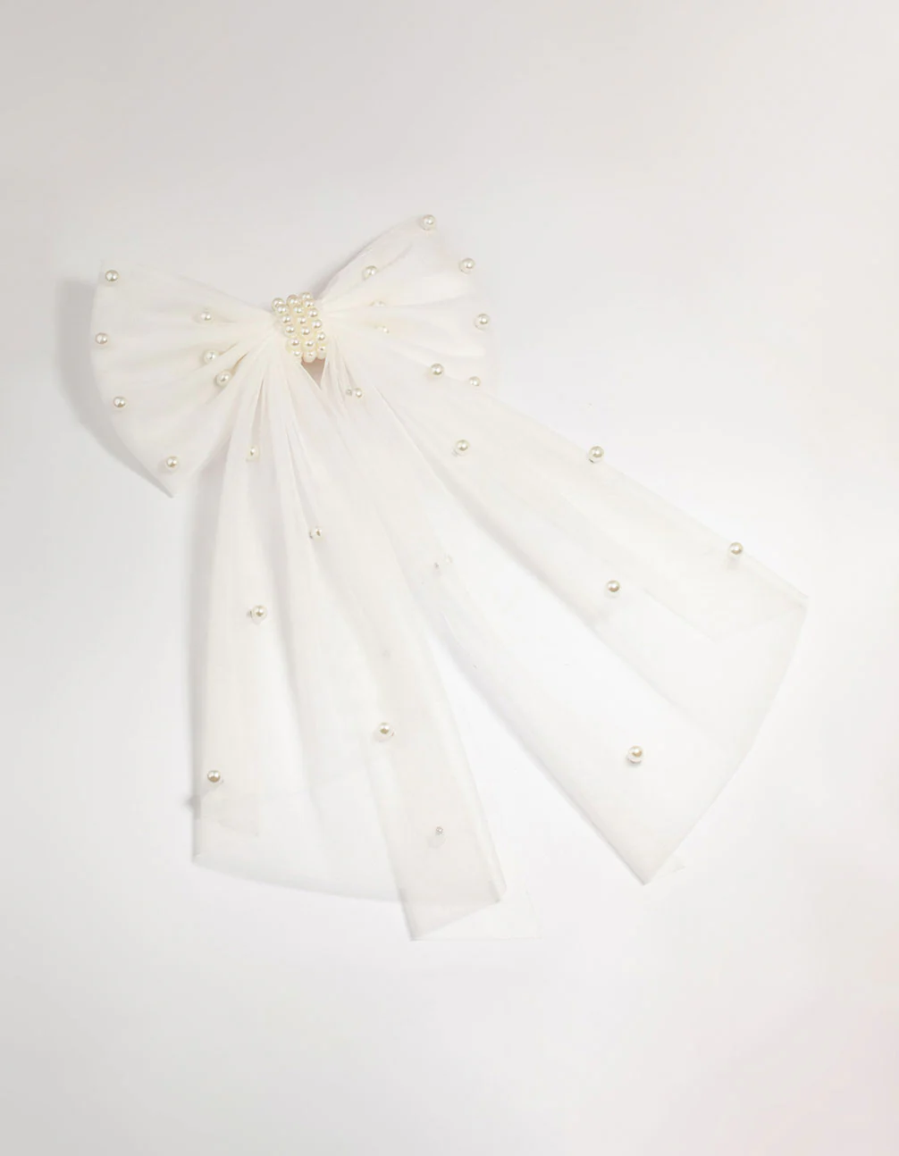 White Fabric Pearl Scatter Bow Clip