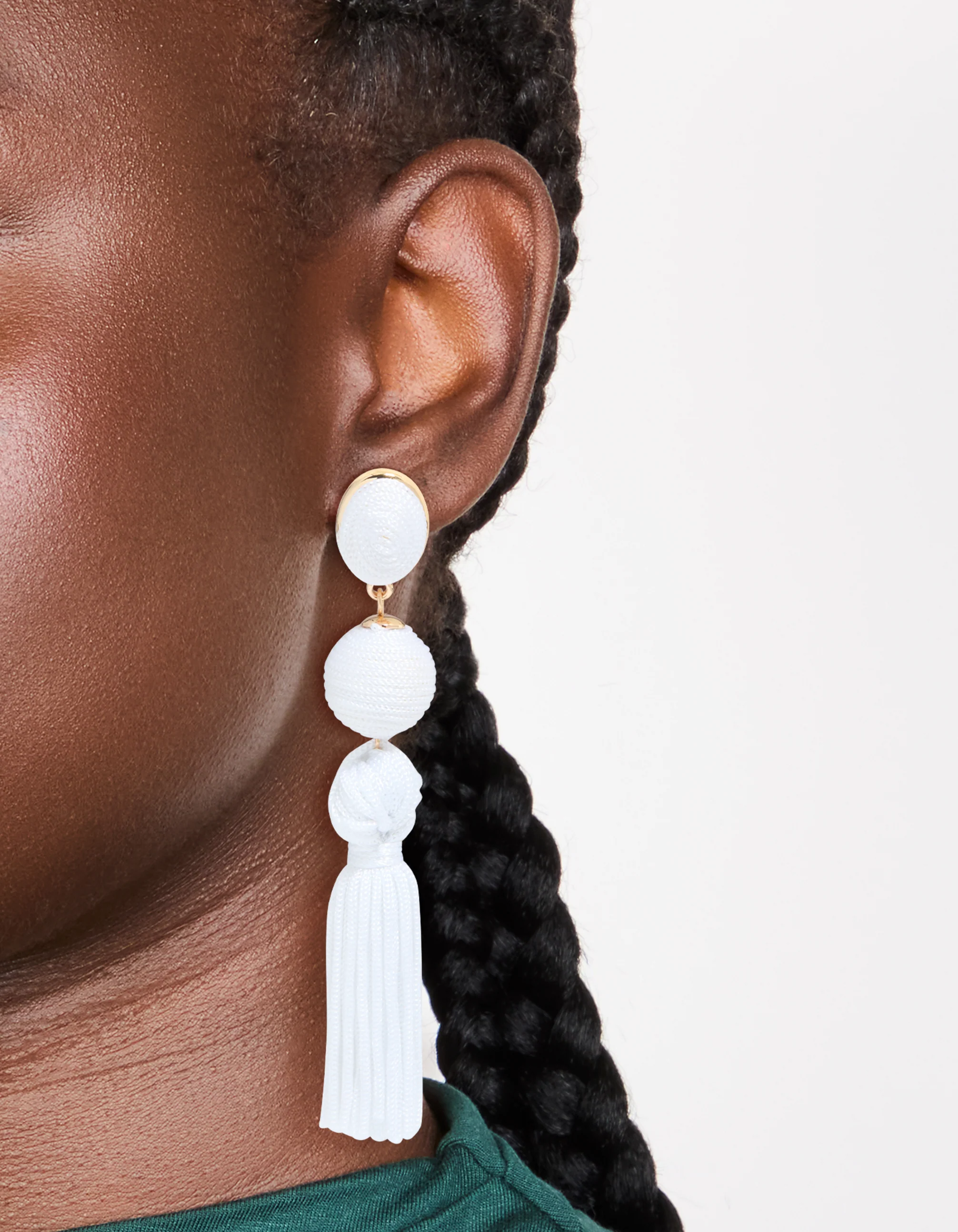 White Fabric Tassel Drop Earrings - Image 2