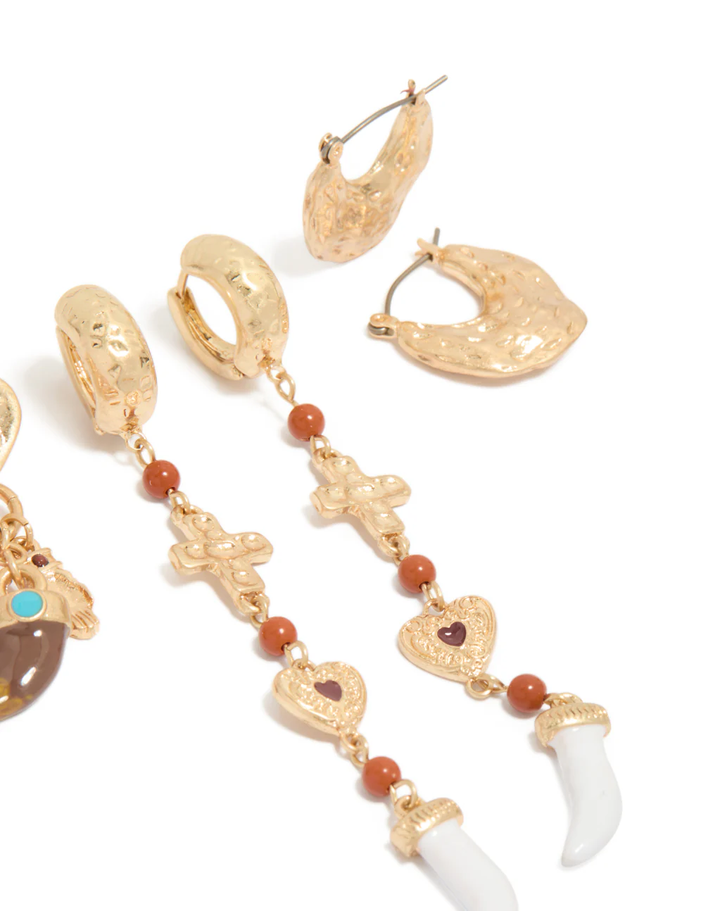 Worn Gold Long Cross & Heart Earrings 3-Pack - Image 3