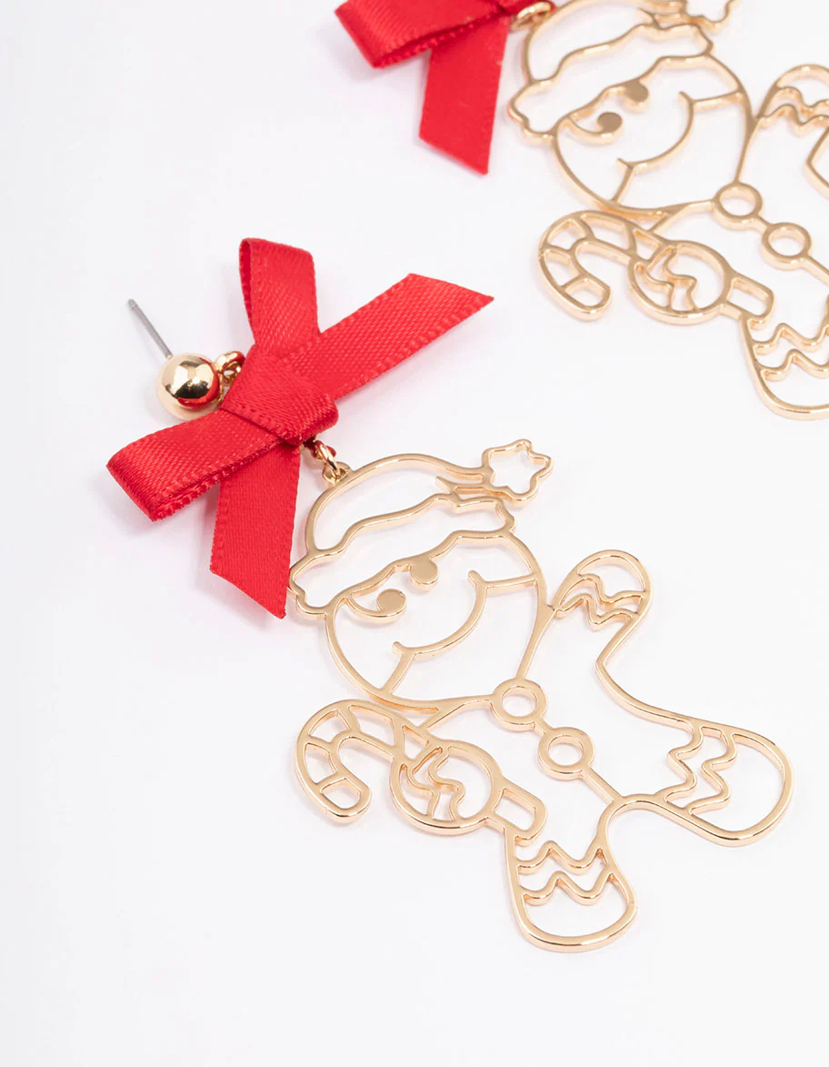 Gold Gingerbread Man Bow Drop Earrings - Image 2