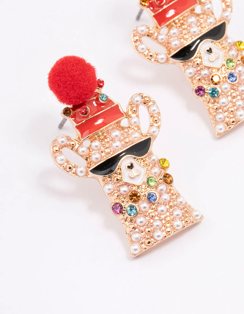 Gold Pom Pom Llama Christmas Stud Earrings - Image 2