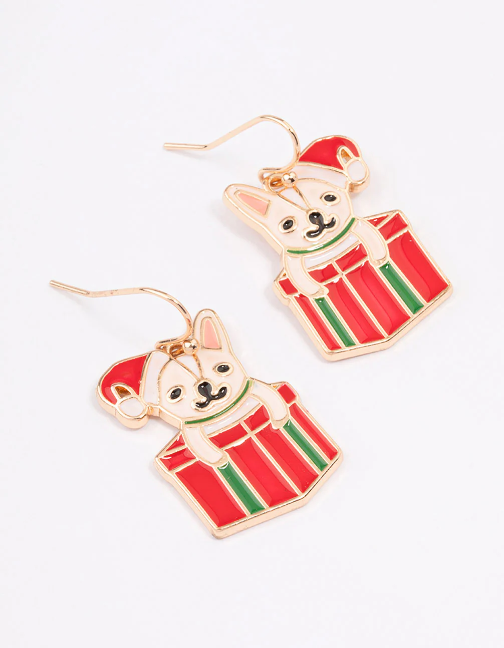 Gold Christmas French Bulldog Present Drop Earrings