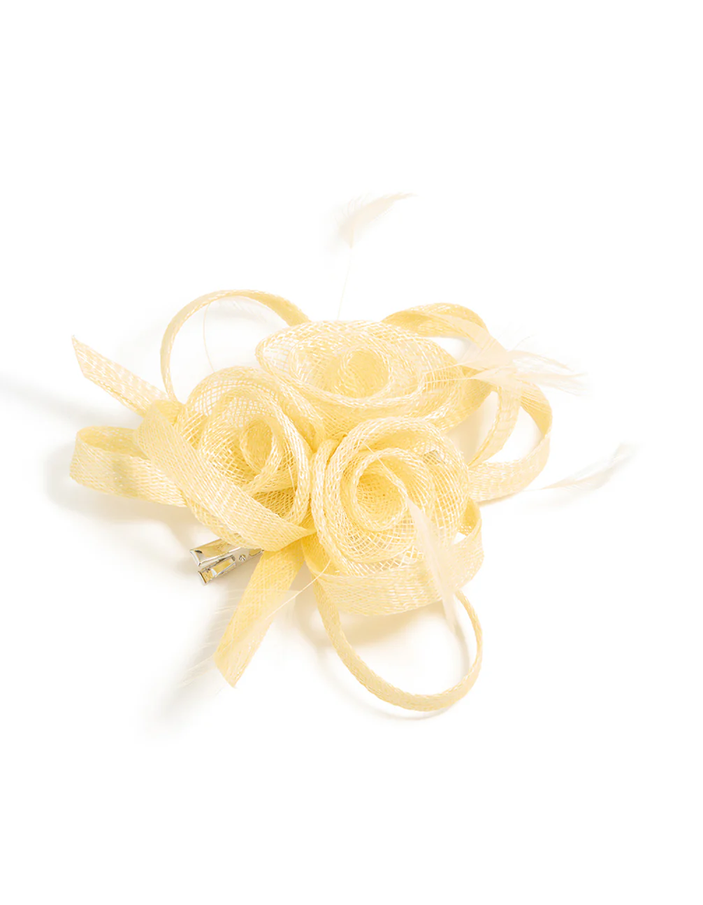 Yellow Sinamay Fabric Swirl & Feather Hair Clip
